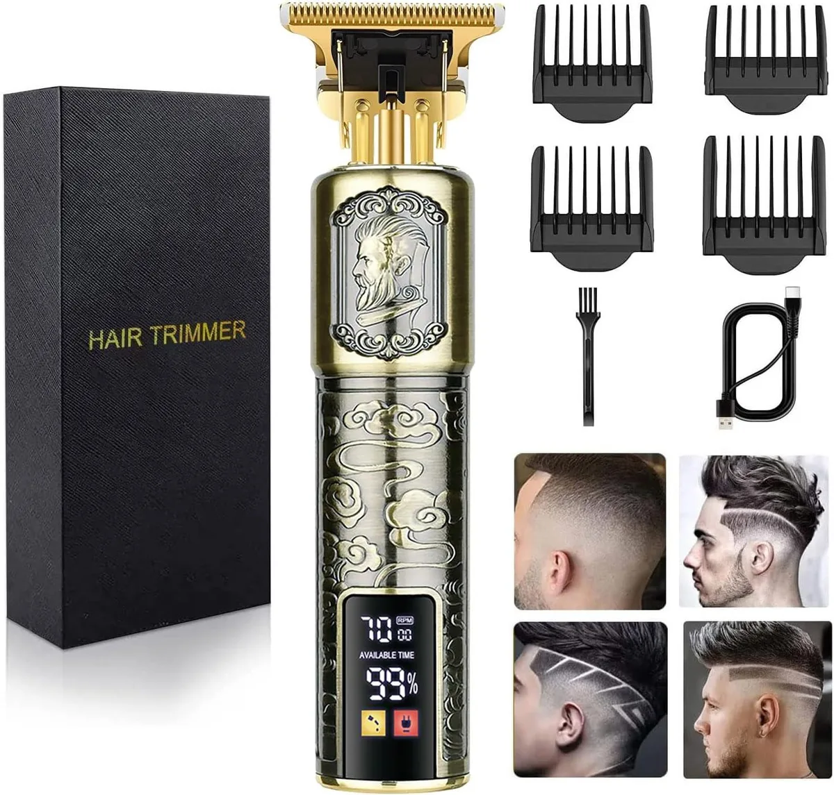 Black cordless T-blade trimmer with LCD display and four guard combs