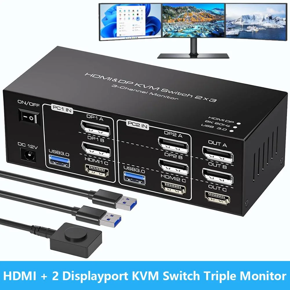 Hitoor Hitoor Triple Monitor KVM Switch 1 HDMI + 2 DisplayPort 2 PCs 3 Monitors 8K 60Hz 4K 120Hz USB 3.0 — product photo