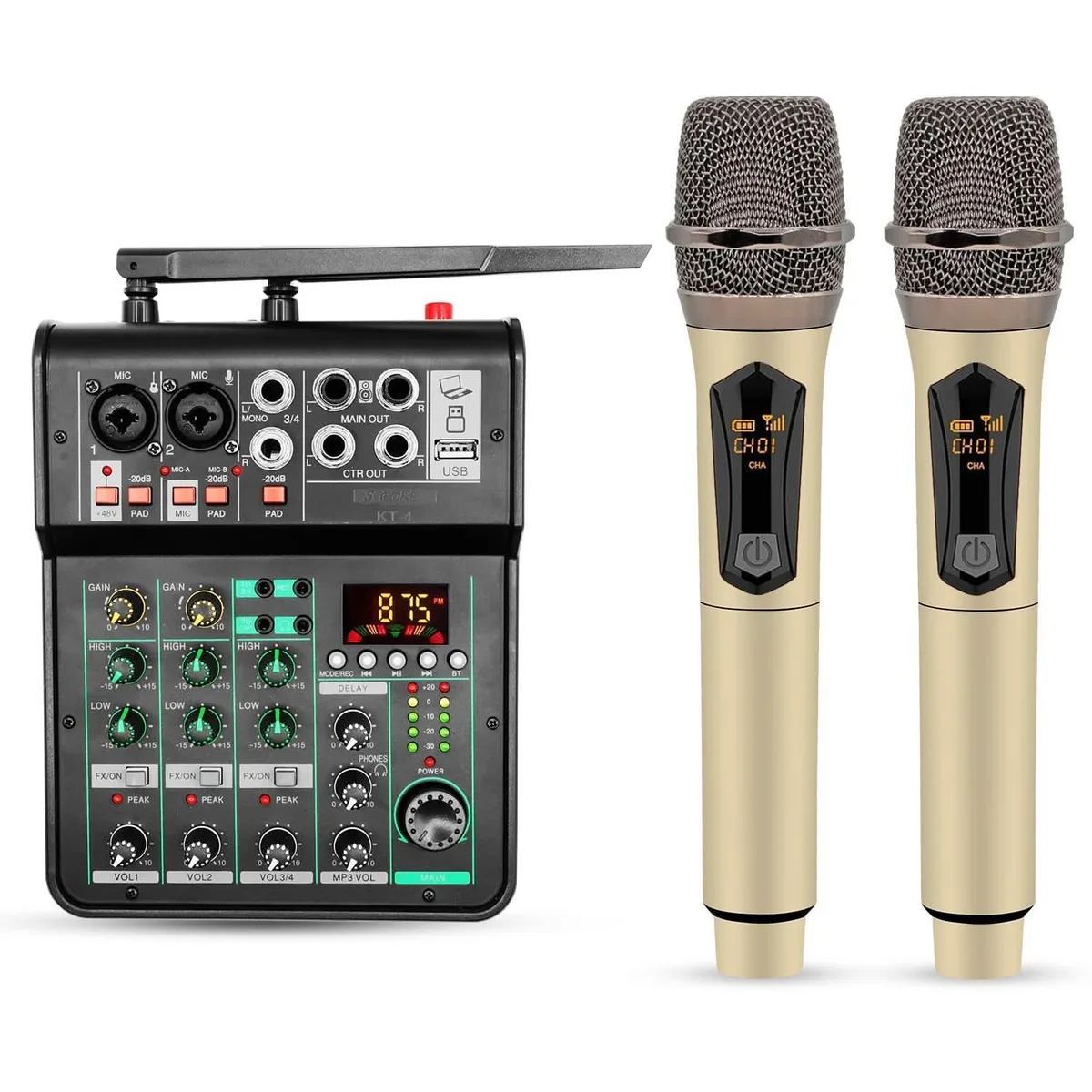 5 Core 5 Core Audio Mixer 4CH 2MIC GLD — 4 channel Bluetooth USB audio mixer with 2 wireless mics — product photo