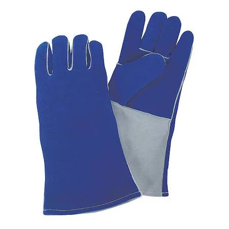 Pair of blue cowhide welding gloves with gauntlet cuffs and wing thumb design