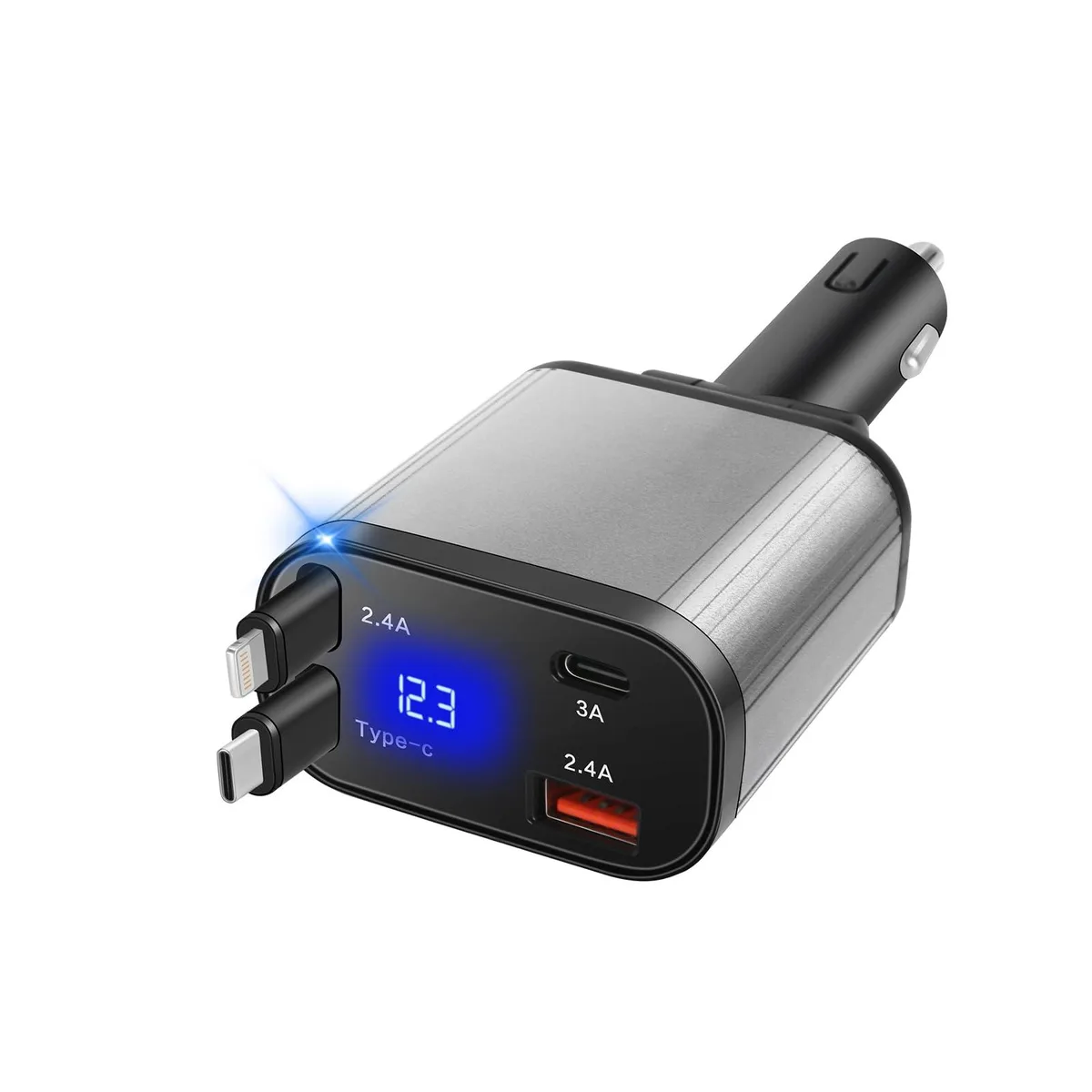 Compact black car charger with dual retractable cables and rotating 180° plug