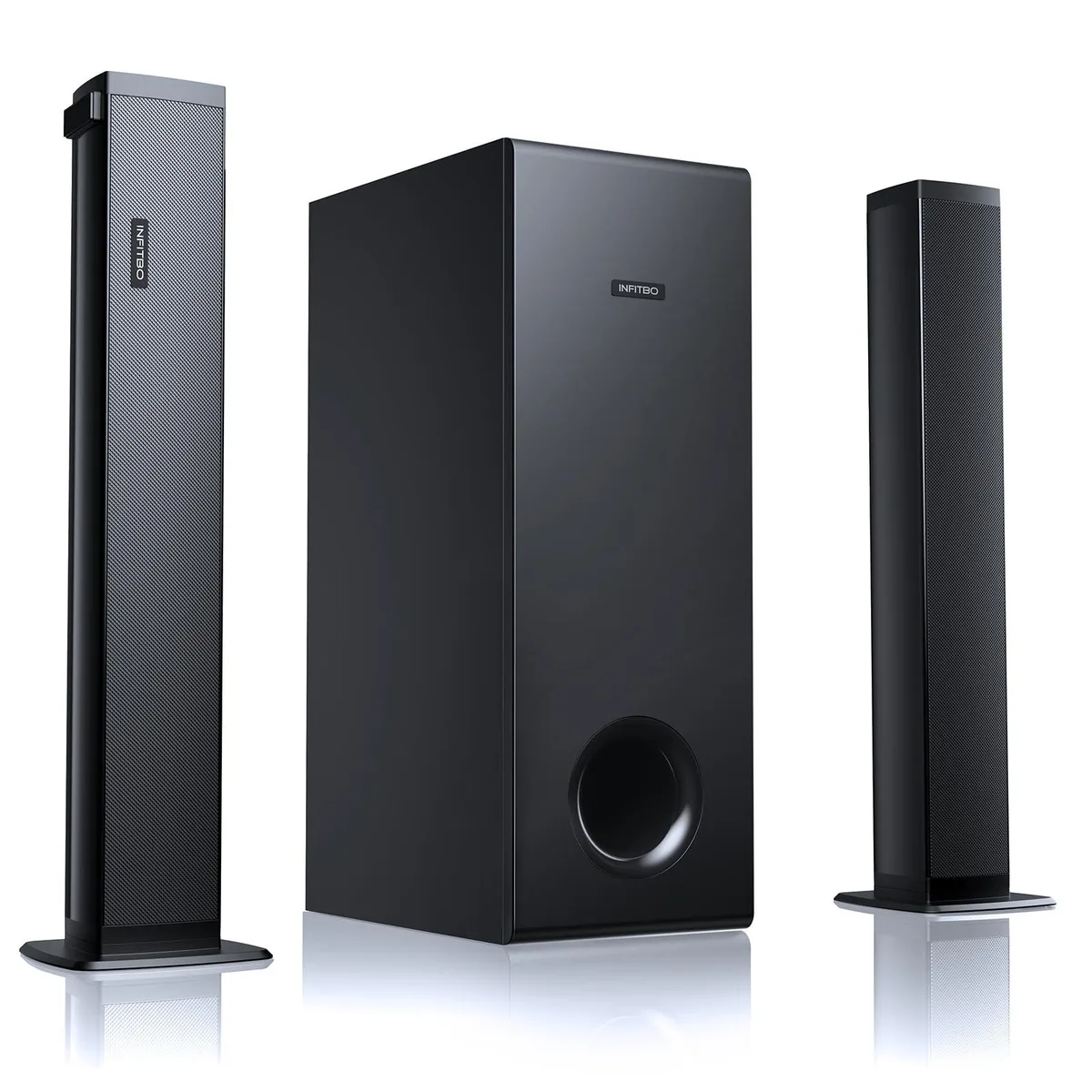 Slim soundbar with wired subwoofer, matte black finish, detachable design
