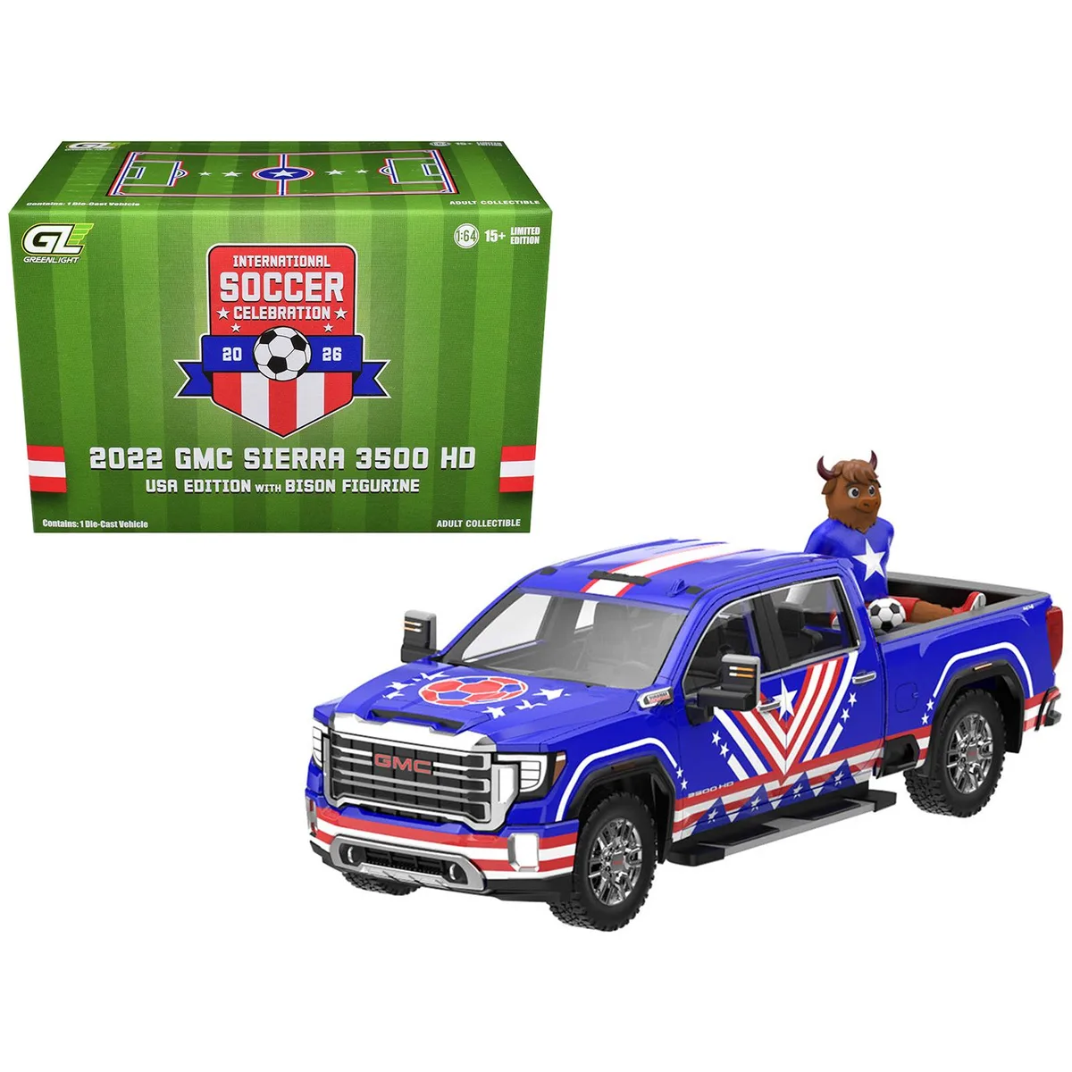 GREENLIGHT GREENLIGHT 2022 GMC Sierra 3500 HD Blue American Soccer Bison 1/64 Diecast hobby collectible — product photo