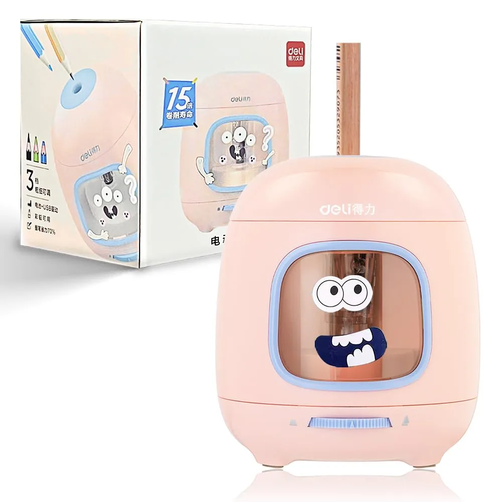 Pink electric pencil sharpener, compact cube shape, USB or battery powered