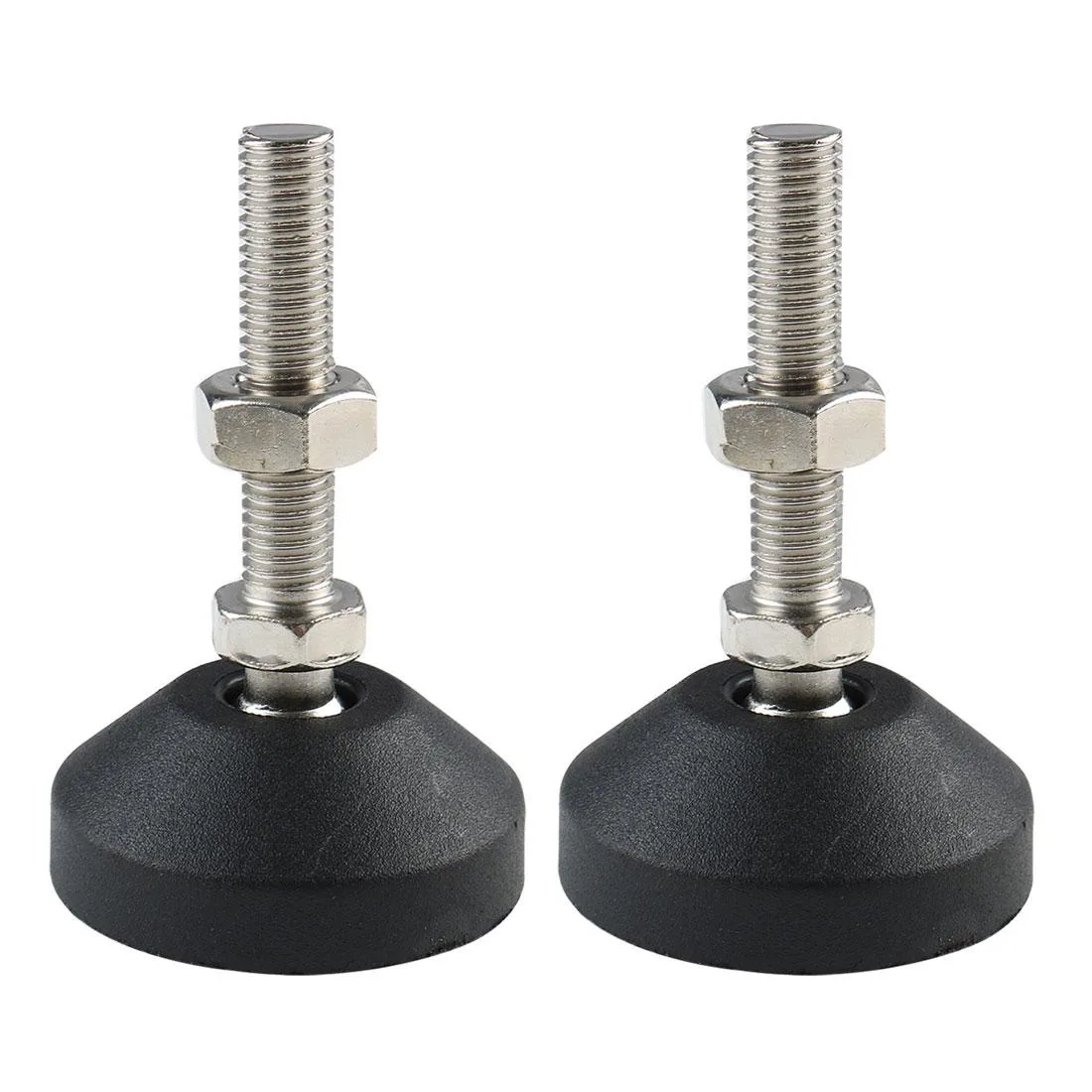 Two M10 adjustable leveling feet with 50mm plastic bases and metal nuts