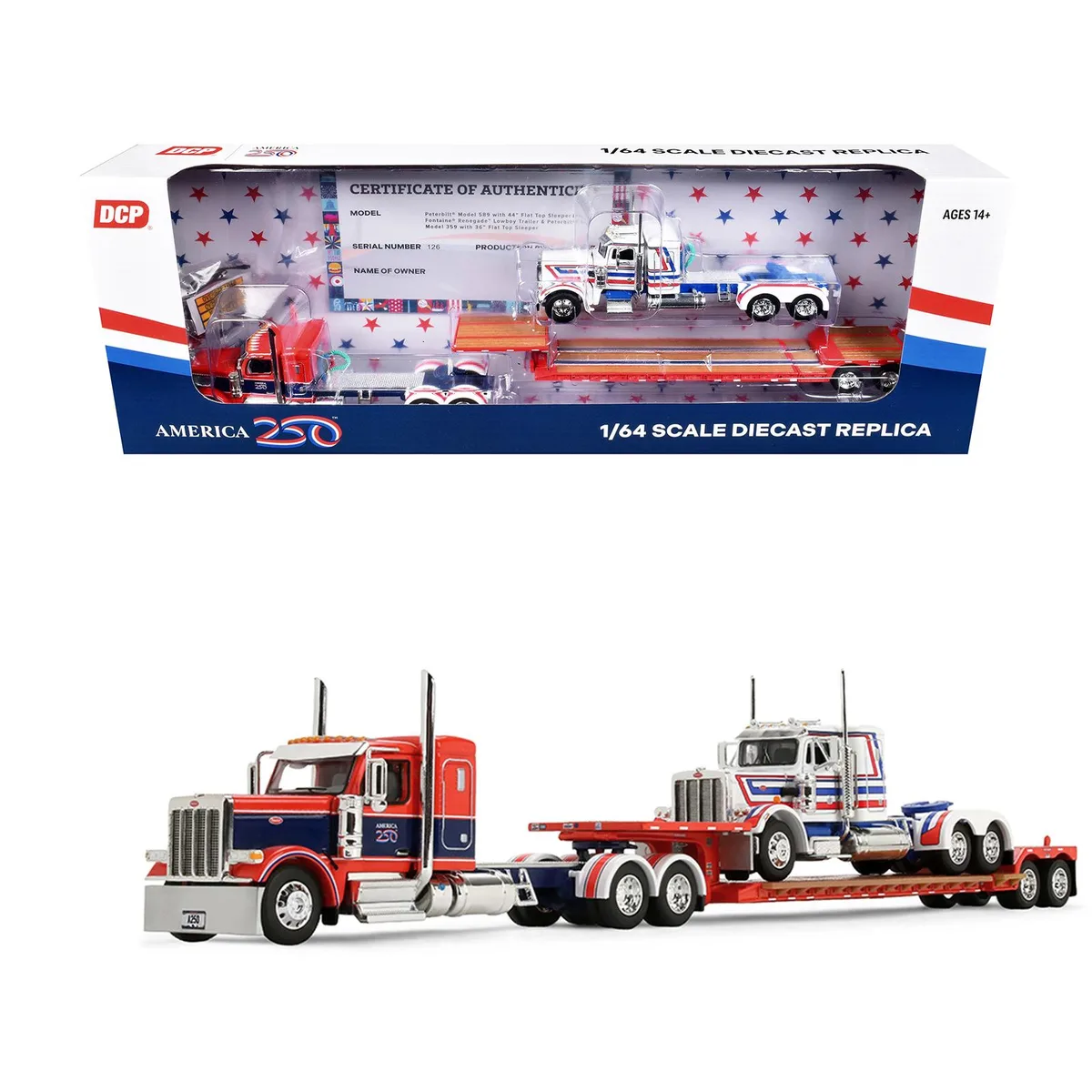 First Gear First Gear Peterbilt 589 44" Sleeper Red Blue &amp; Lowboy 359 Load White Blue Red 1/64 Diecast — product photo