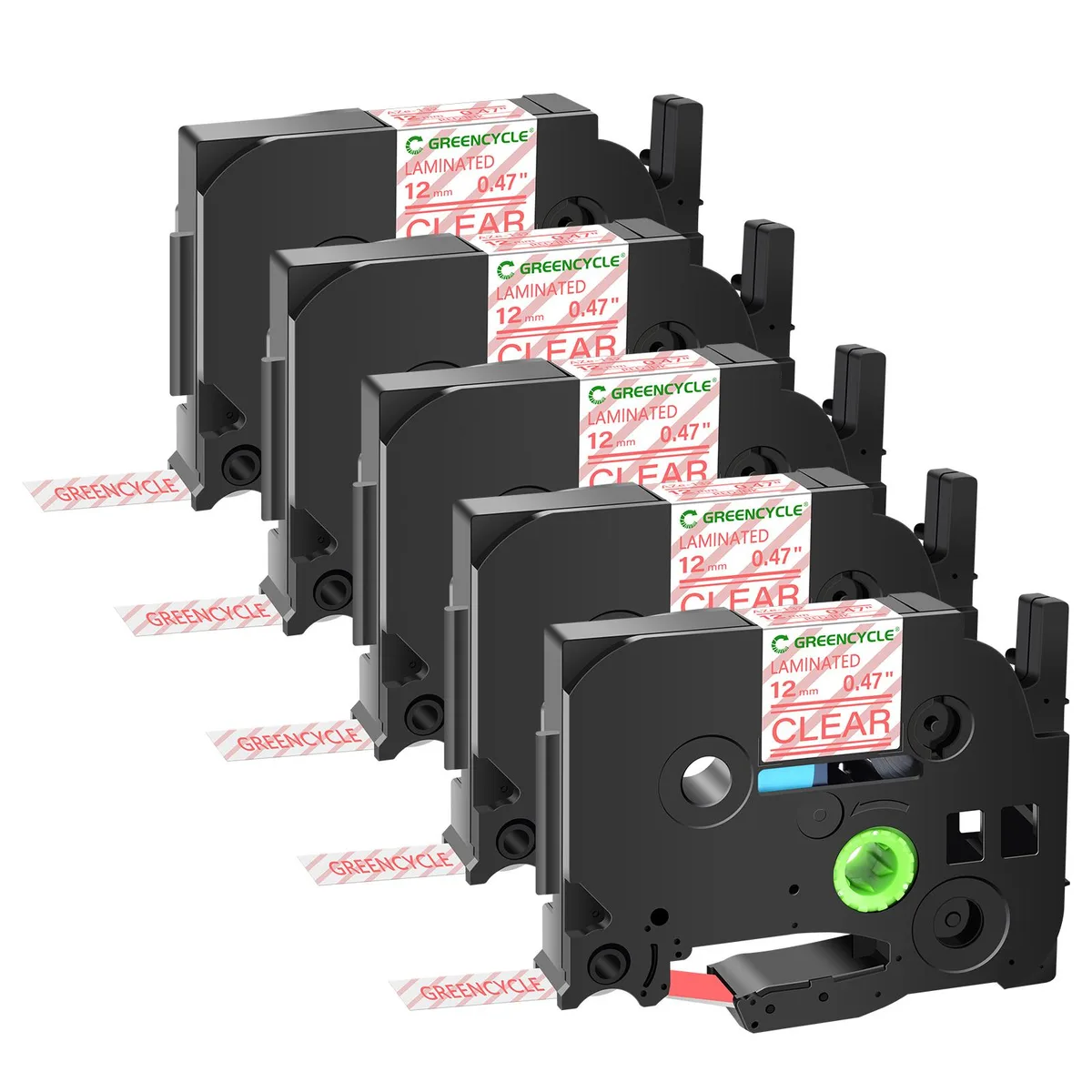 GREENCYCLE GREENCYCLE TZe-132 12mm Red on Clear Laminated Tape 5 Pack — product photo