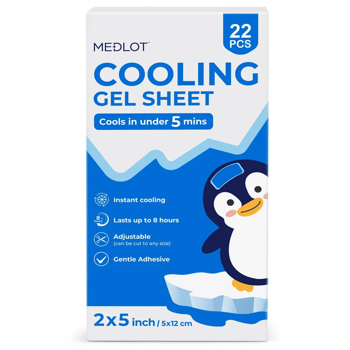 Rectangular box holding twenty-two translucent gel cooling patches, white and blue packaging, new condition