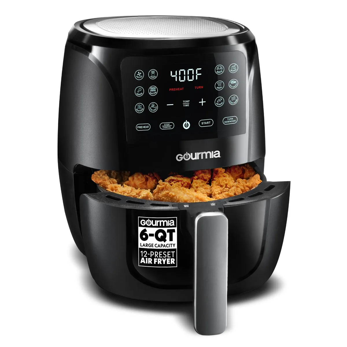 White 6-quart digital air fryer with black accents, square countertop shape, digital control panel on front