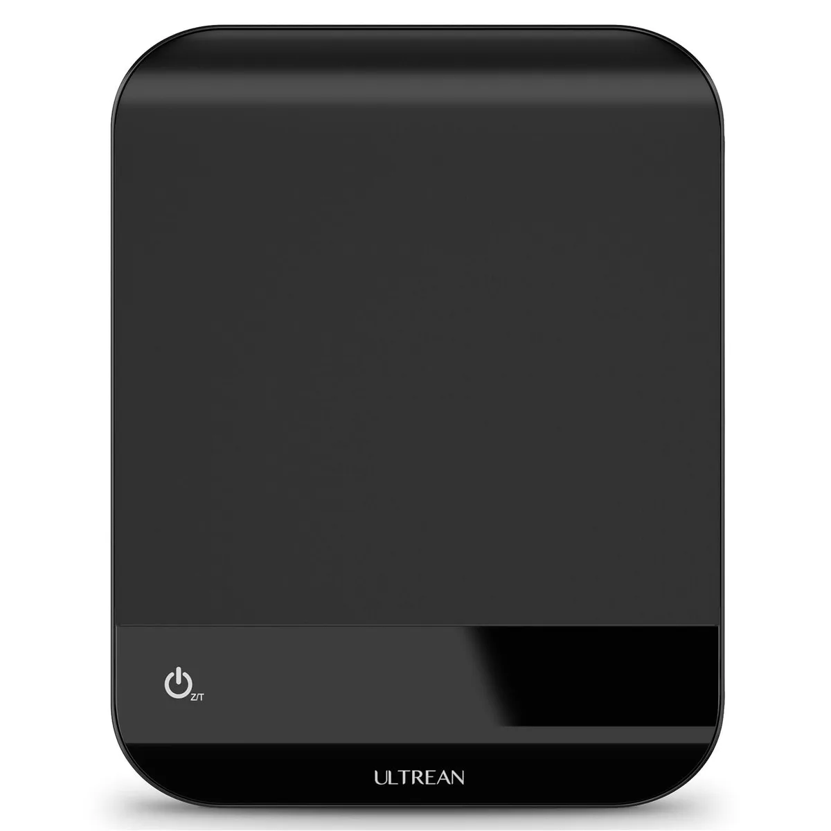 Rectangular black stainless steel digital kitchen scale with LED display, 7.28 by 5.51 by 0.71 inches