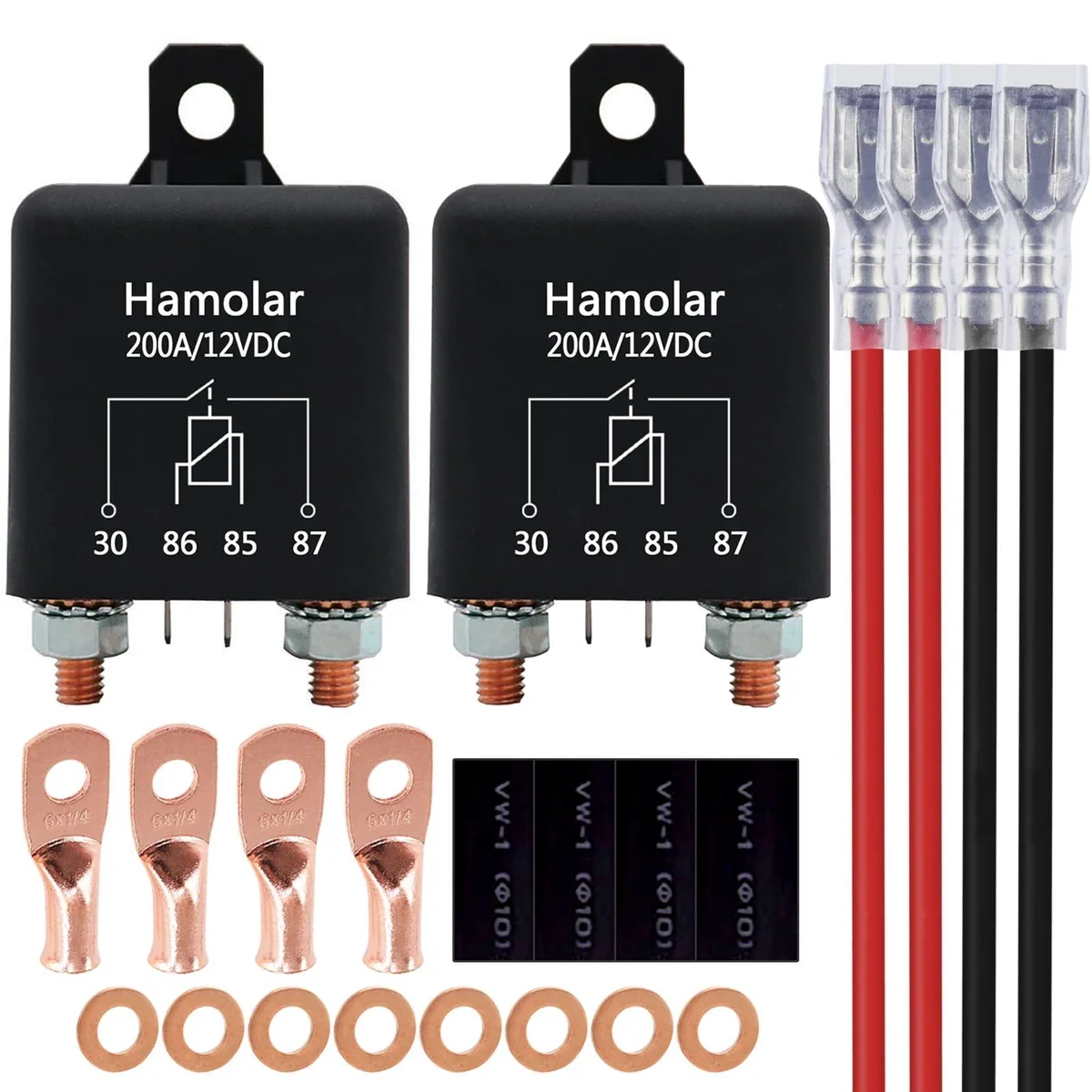 Two black plastic cube relays with four silver terminals each plus loose terminals and heat-shrink tubes