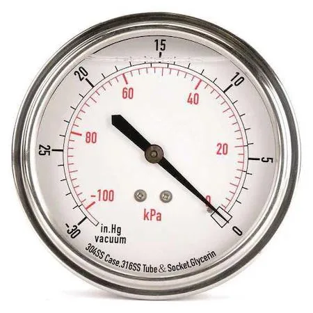 Stainless steel liquid-filled vacuum gauge 304 case center back connection -30 to 0 inHg -100 to 0 kPa +/-3-2-3 percent accuracy 1/4