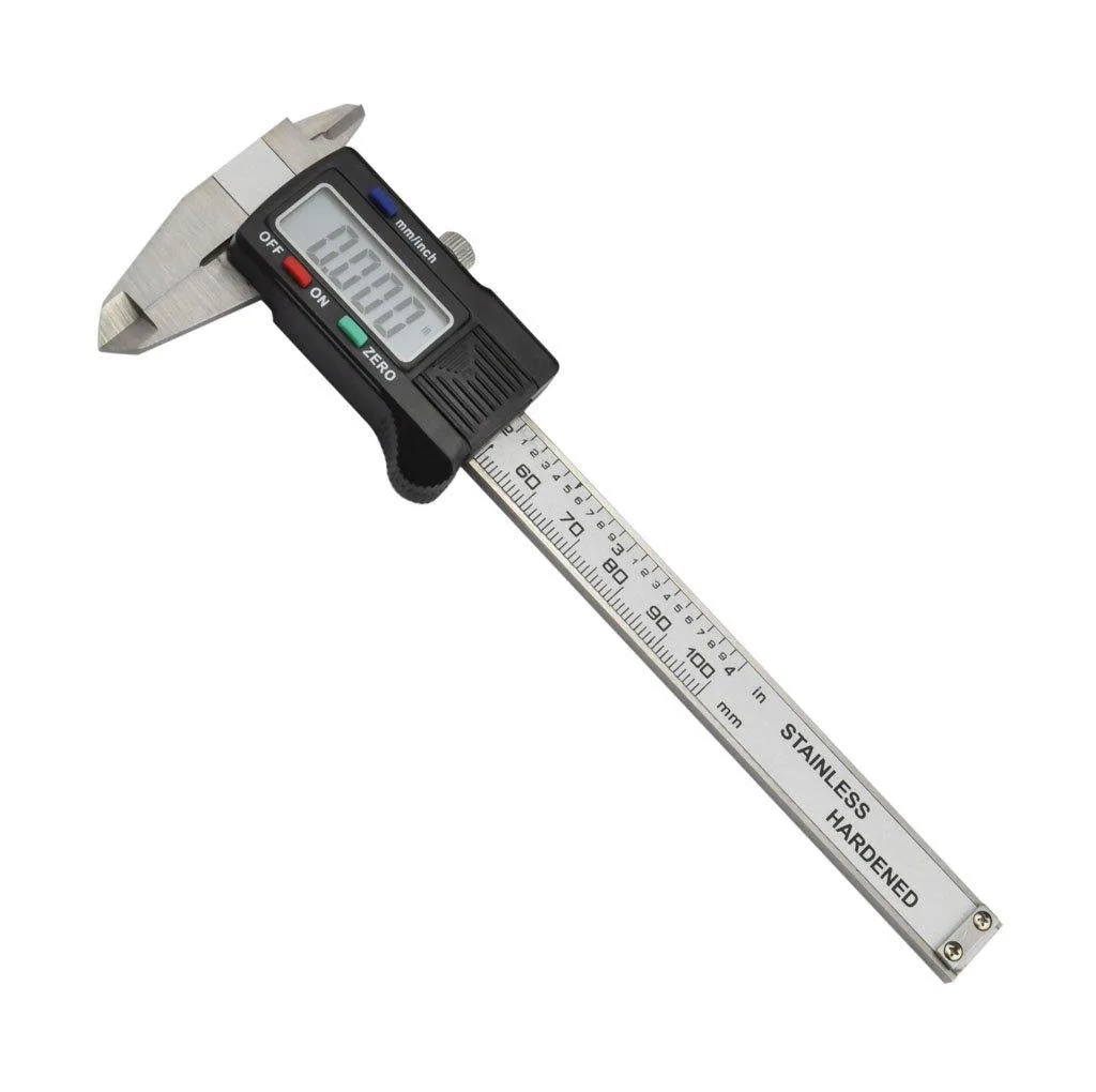 Small stainless-steel digital caliper with large LCD, thumb-lock and depth probe