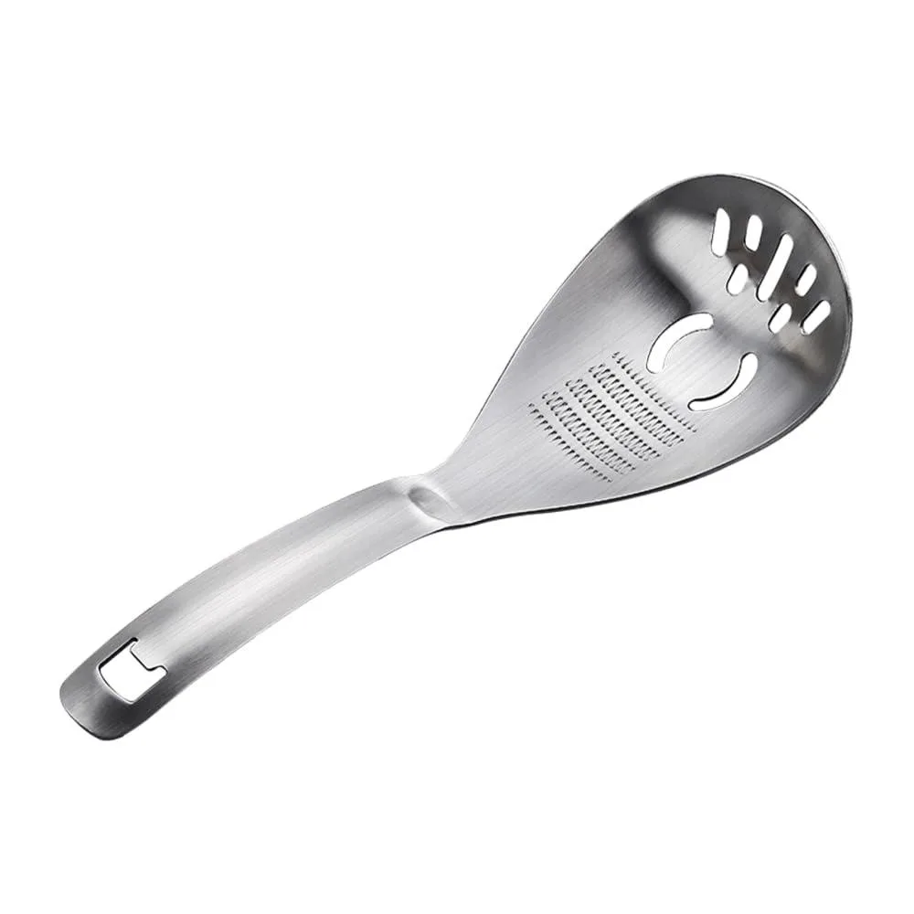 Black stainless steel spoon with curved handle and textured grinding surface