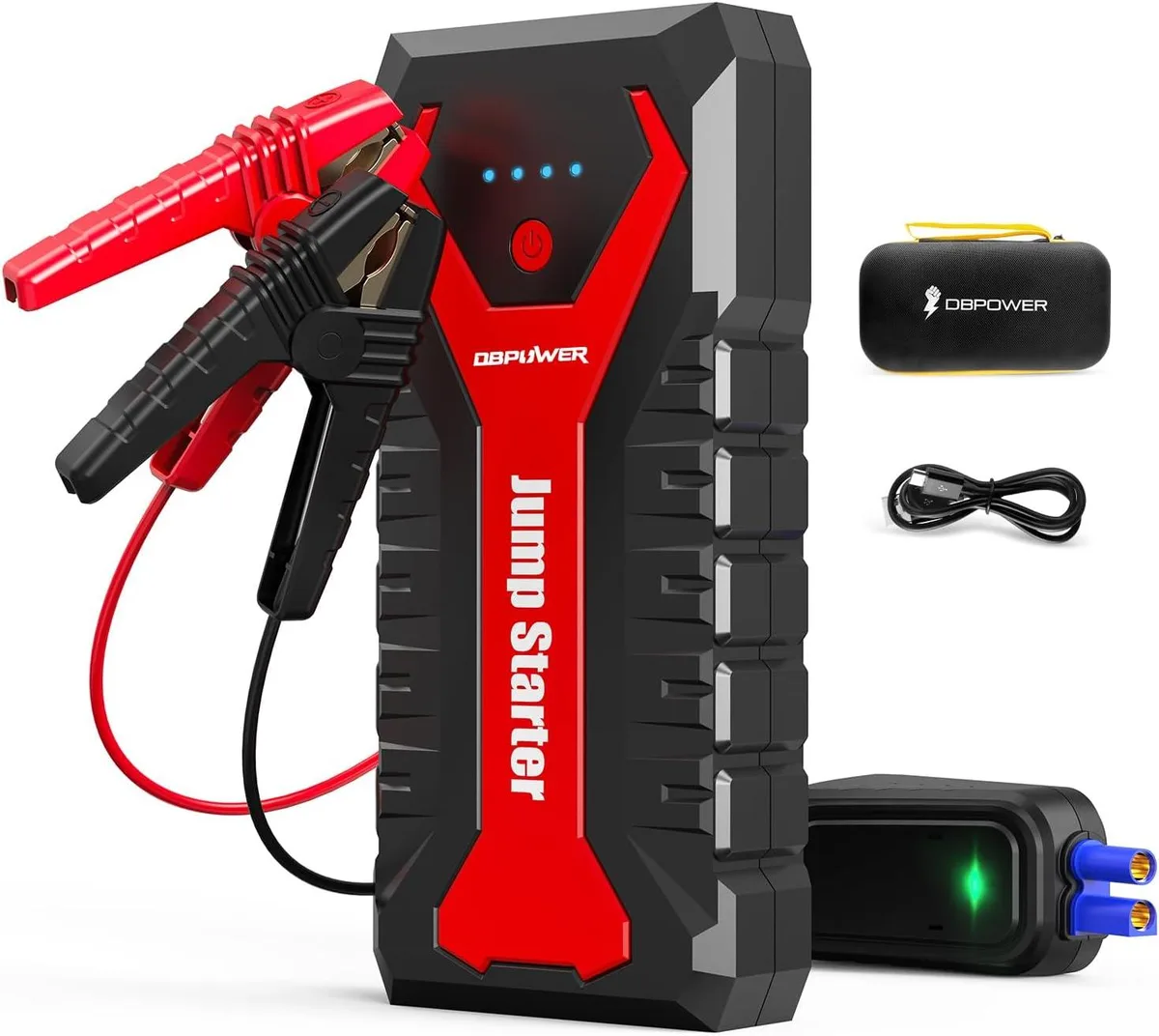 Red and black rectangular jump starter with attached smart clamp cables