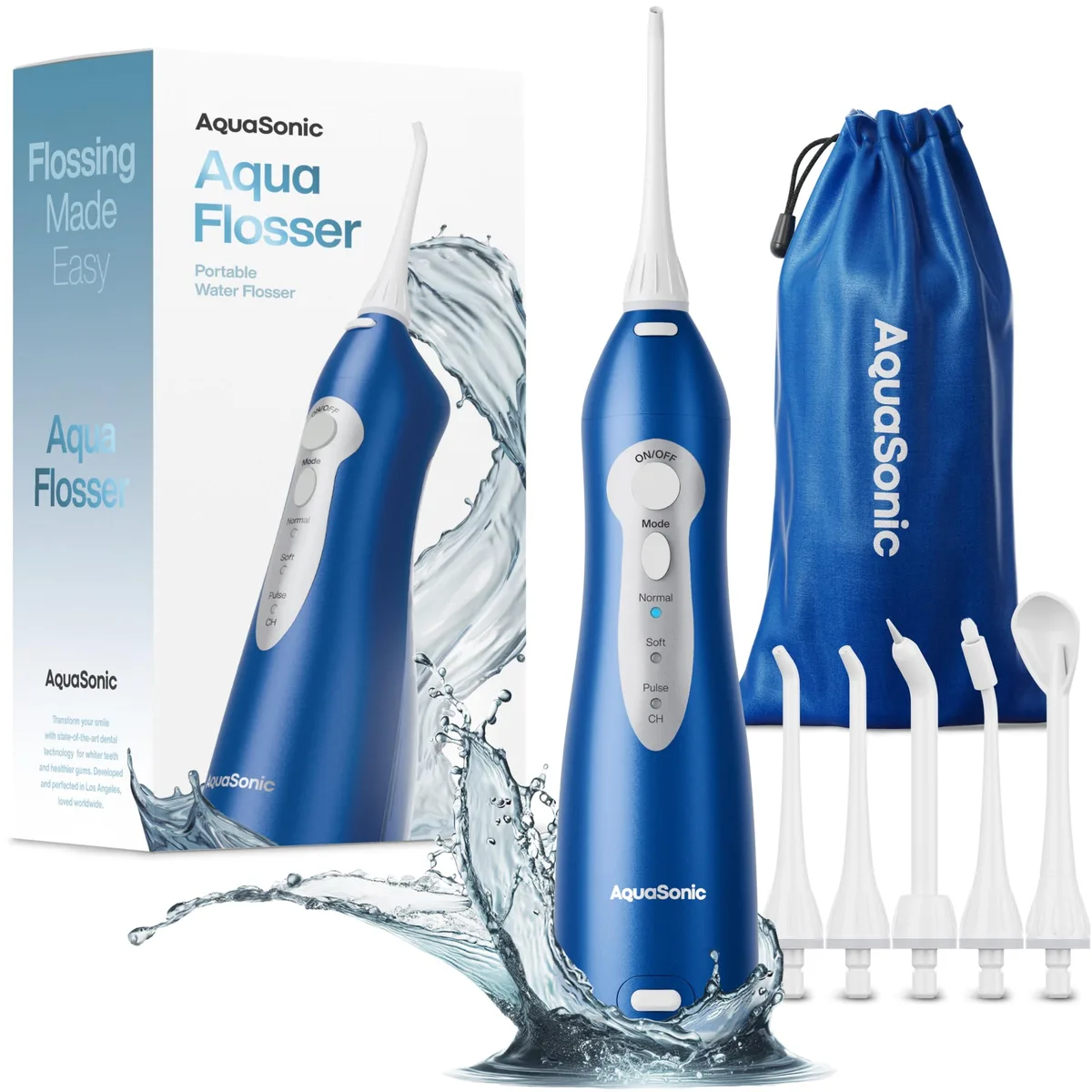 Blue cordless water flosser with 150ml tank and five jet tips