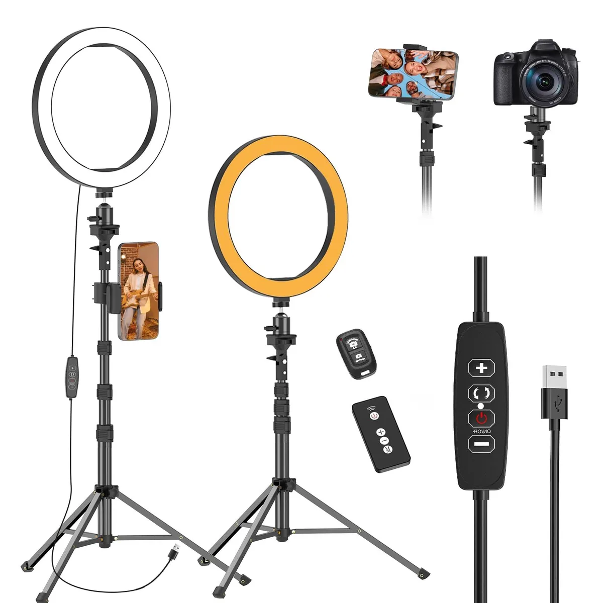 White 10-inch LED ring light on 55-inch extendable tripod with phone holder and Bluetooth remote