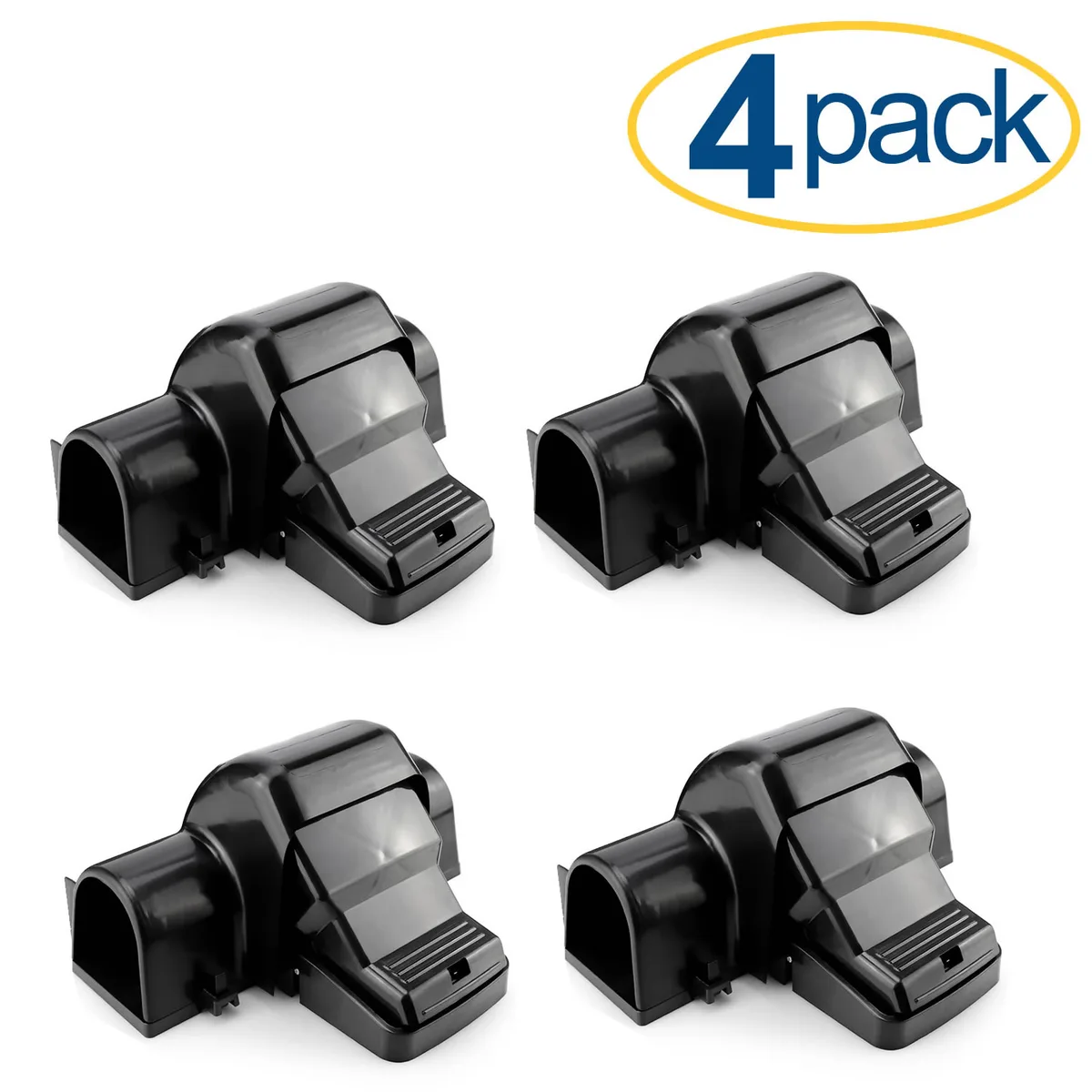 Four black plastic tunnel mouse traps, rectangular with dual entry points, 8 by 6 by 4.5 inches