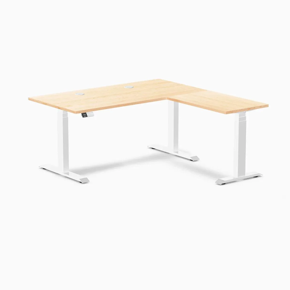 Desky Desky Hardwood L-Shape Sit Stand Desk Maple 60 x 30 x 62 x 20 in White Frame Grommets — product photo