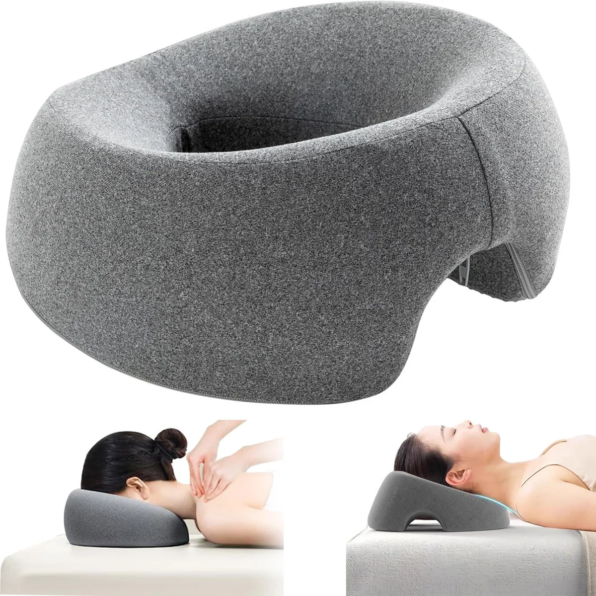 Navy blue memory foam face-down pillow with hollow centre and detachable cover