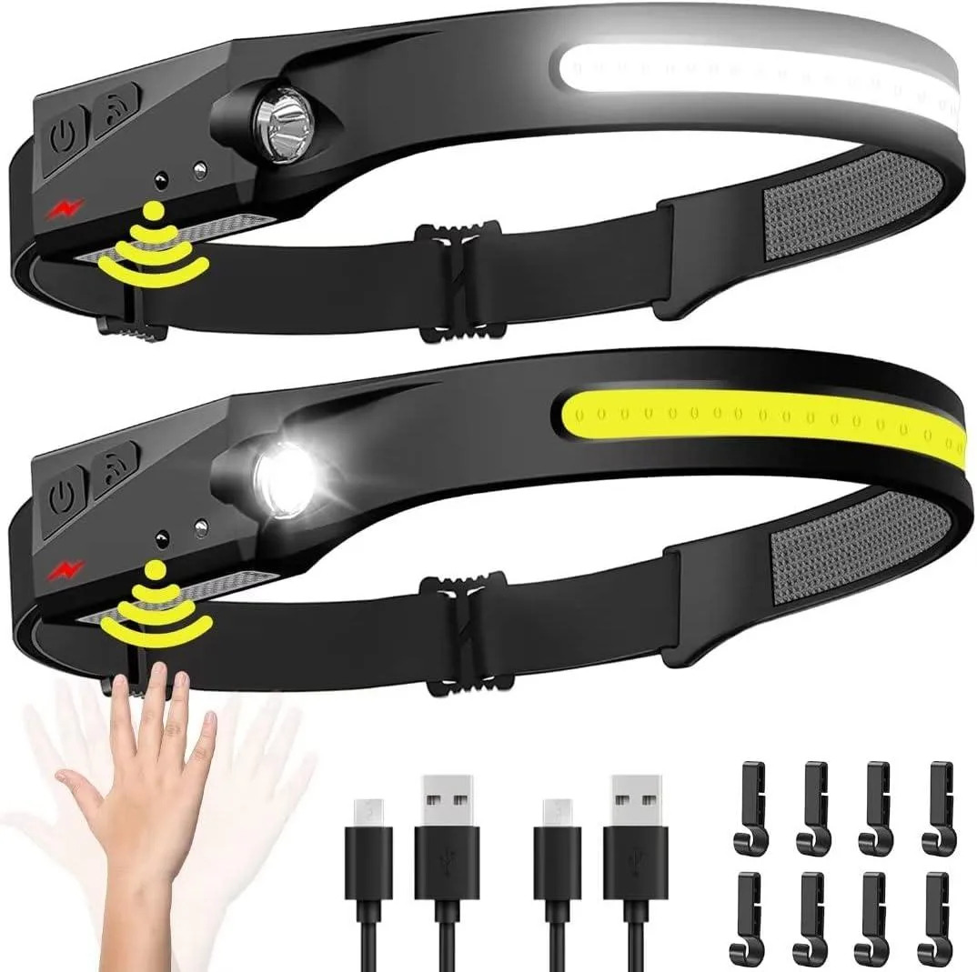 Two rechargeable headlamps with wide 230-degree beams, adjustable elastic straps, and motion sensors