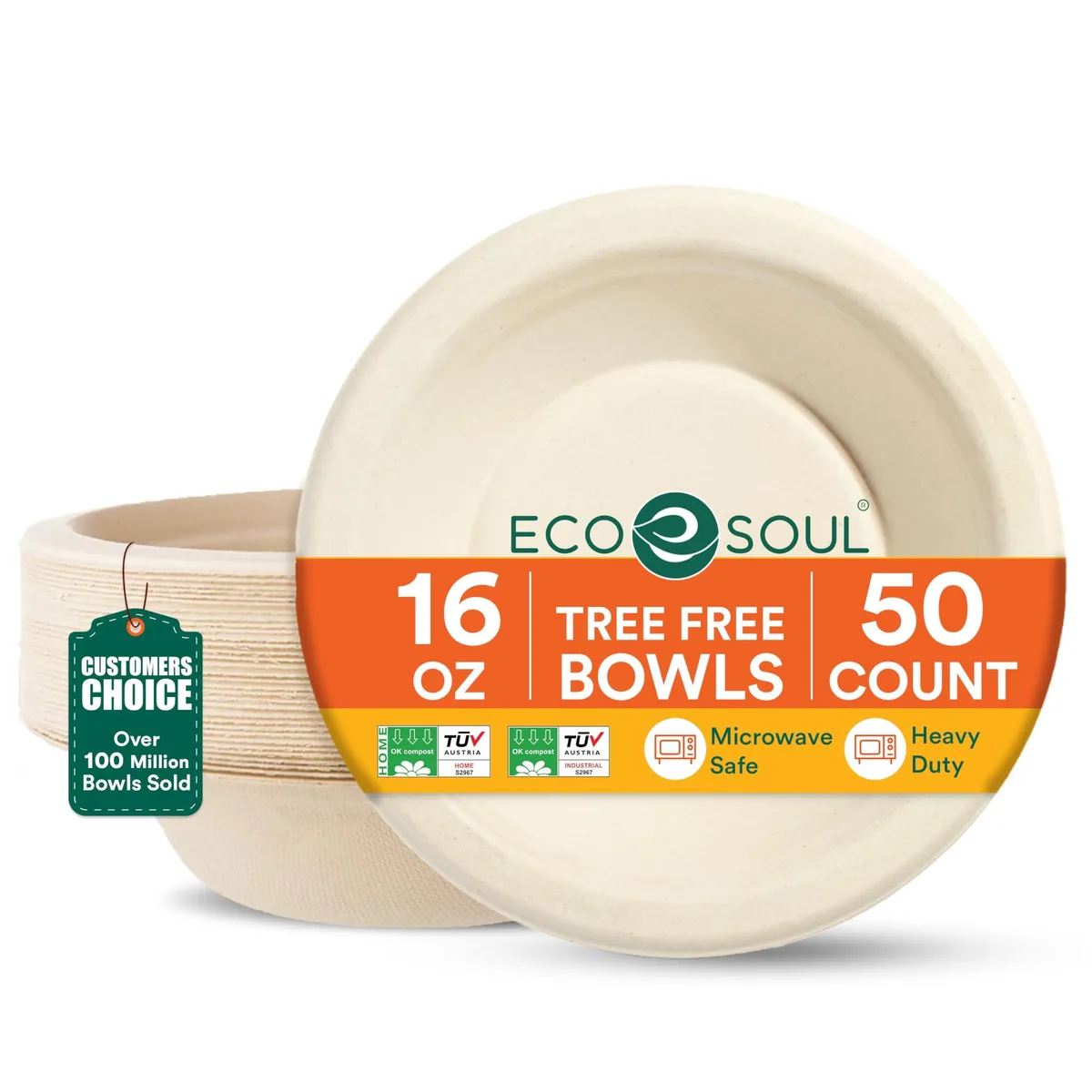 Pack of 50 round brown bagasse bowls, 16 oz each