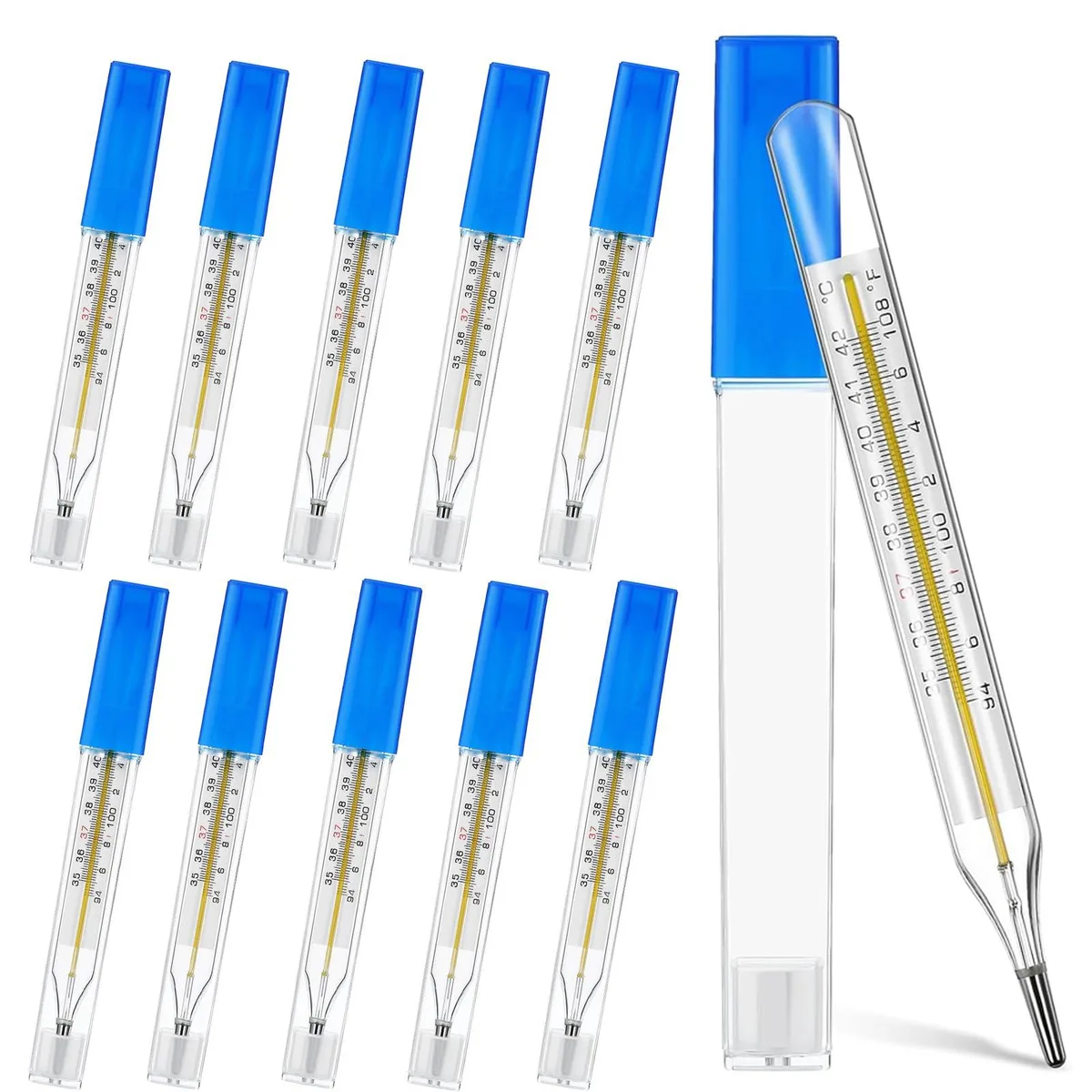 Ten blue digital thermometers with flexible tips and large displays