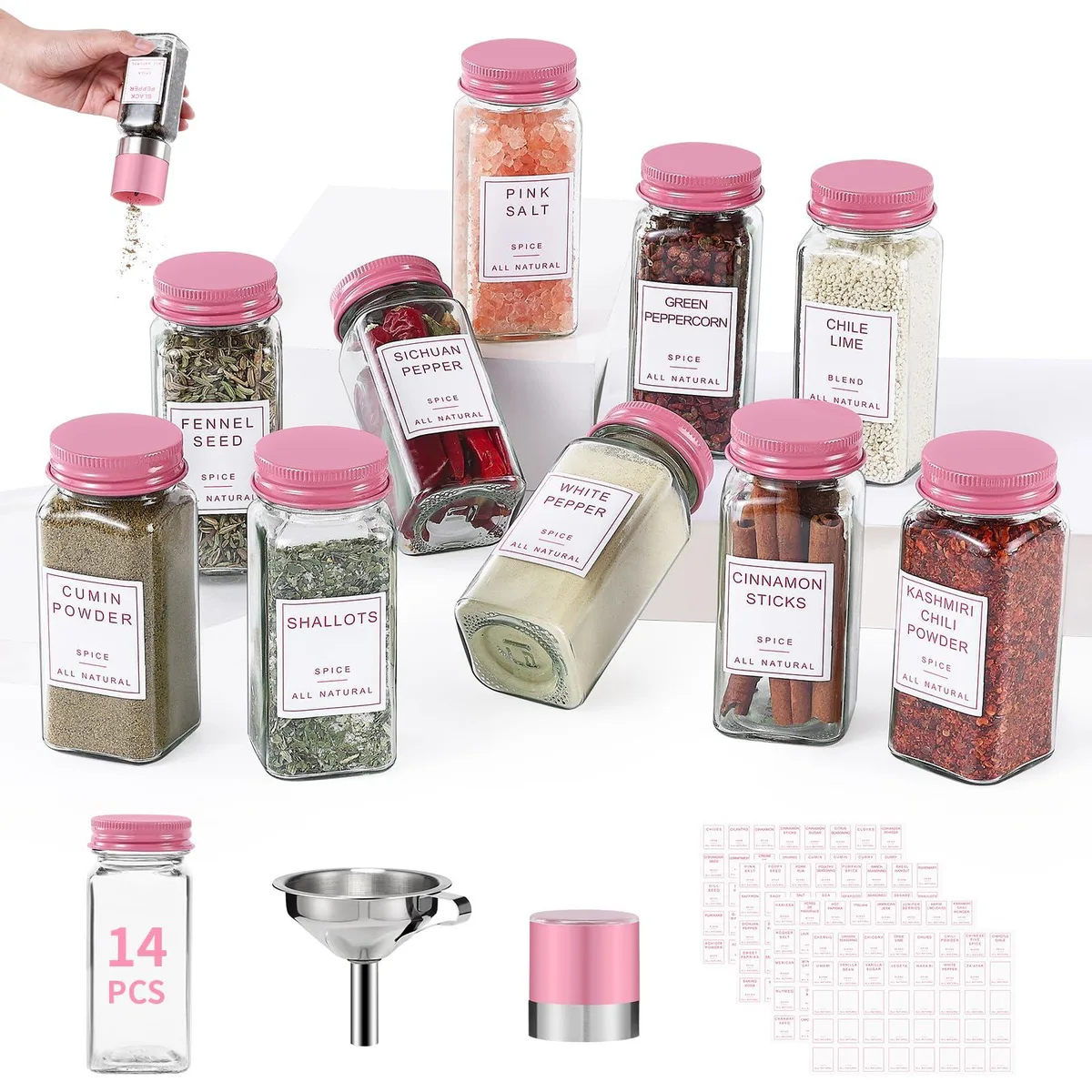 14-piece glass spice jar set with pink metal lids, labels, funnel and pepper grinder
