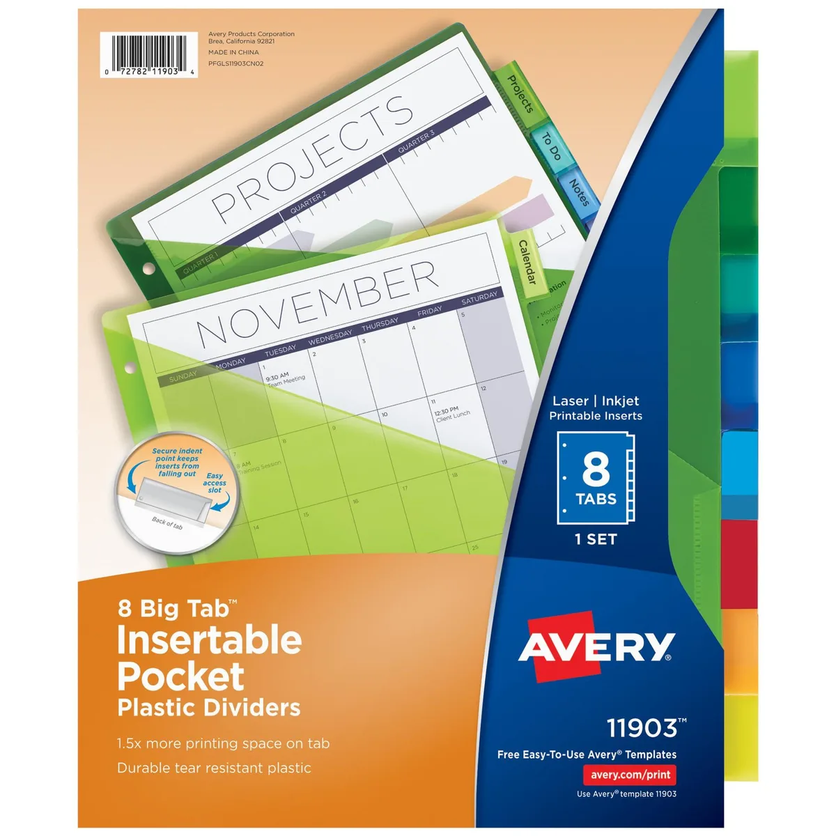 Multicolored plastic binder dividers with eight big tabs and pockets