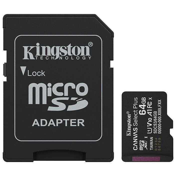 Small black microSDXC card with red Kingston label