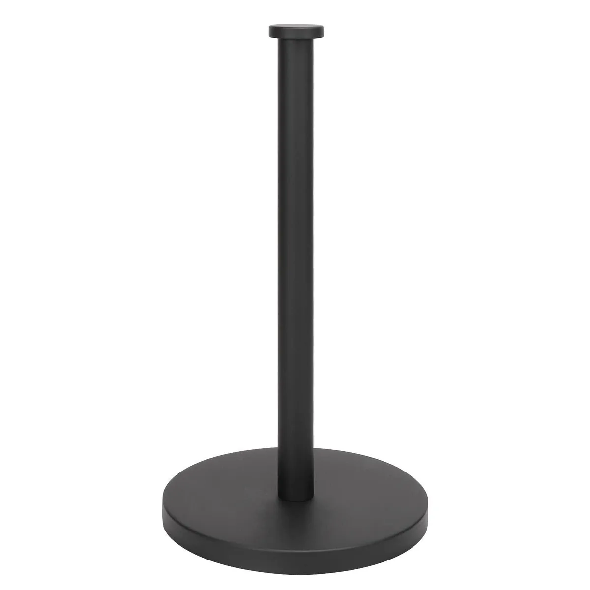 Matte black stainless steel standing paper towel holder with weighted base and non-slip pads