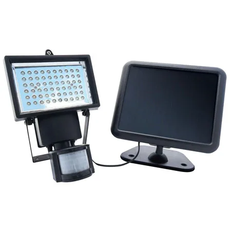 Rectangular black plastic floodlight with 60 LED panel and separate solar panel