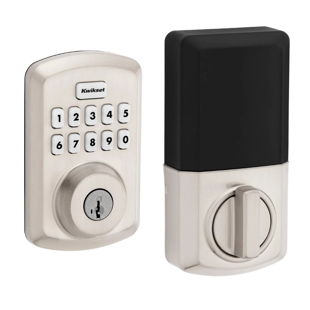 Black rectangular electronic deadbolt with 10-button keypad and satin nickel accents