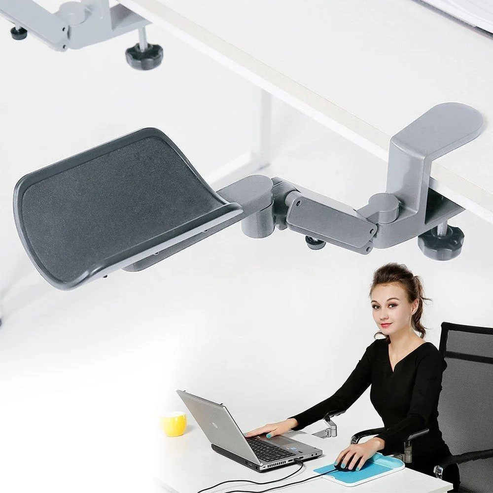 Silver clamp-on arm support tray with adjustable aluminium arm and rotating padded platform, pack of ten