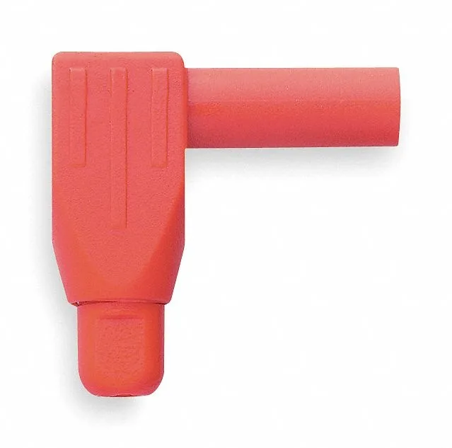 Red right-angle banana plug with brass contacts, 1 1/4 in long