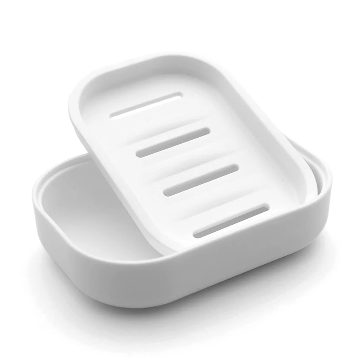 White double-layer plastic soap dish with slotted top tray and solid base tray