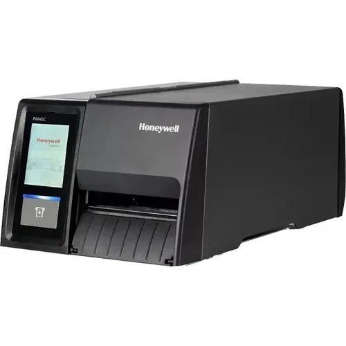 Honeywell PM45CA industrial label printer, grey cabinet, top cover open, Ethernet port visible