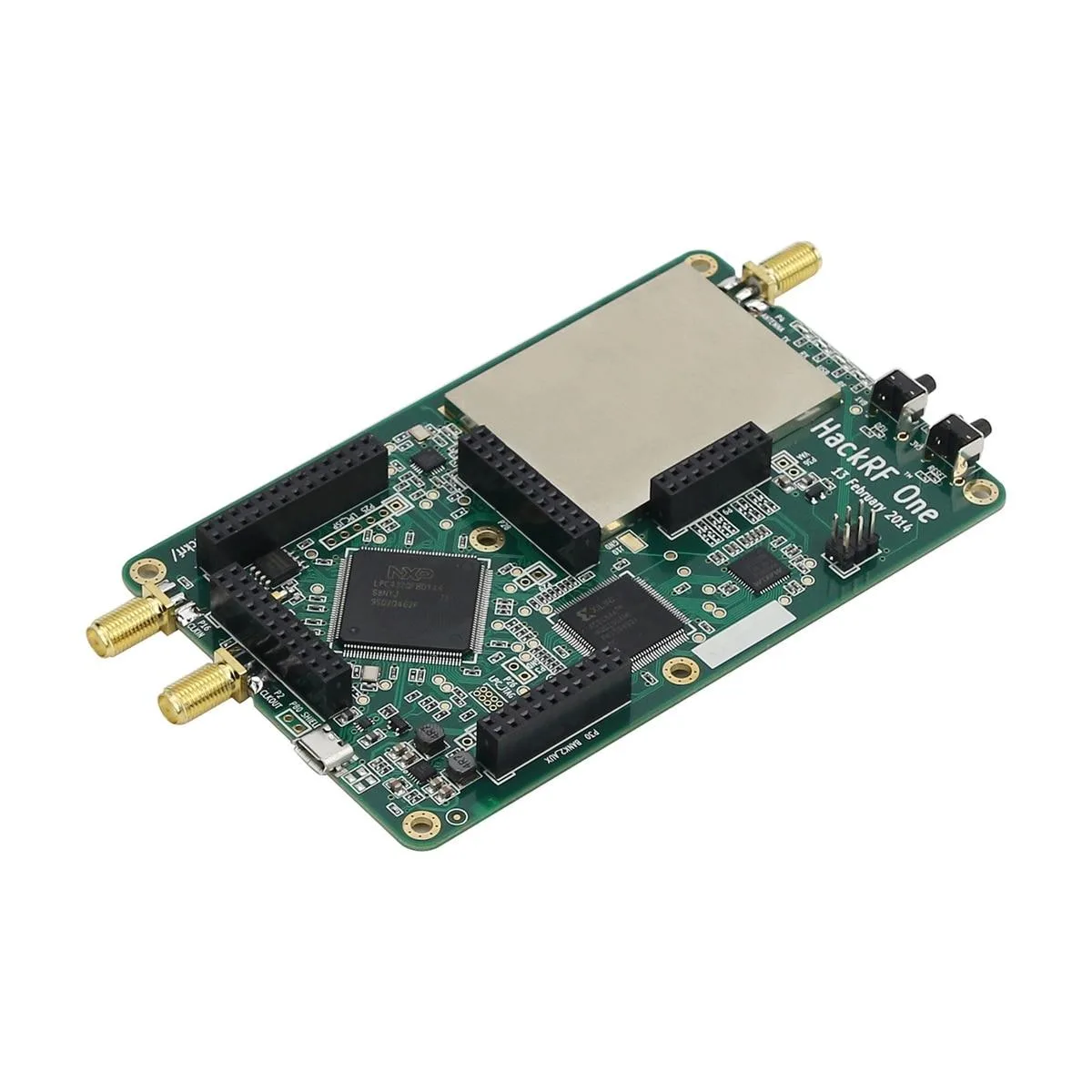 Green rectangular PCB with SMA connectors, USB Micro-B port, pin headers and buttons