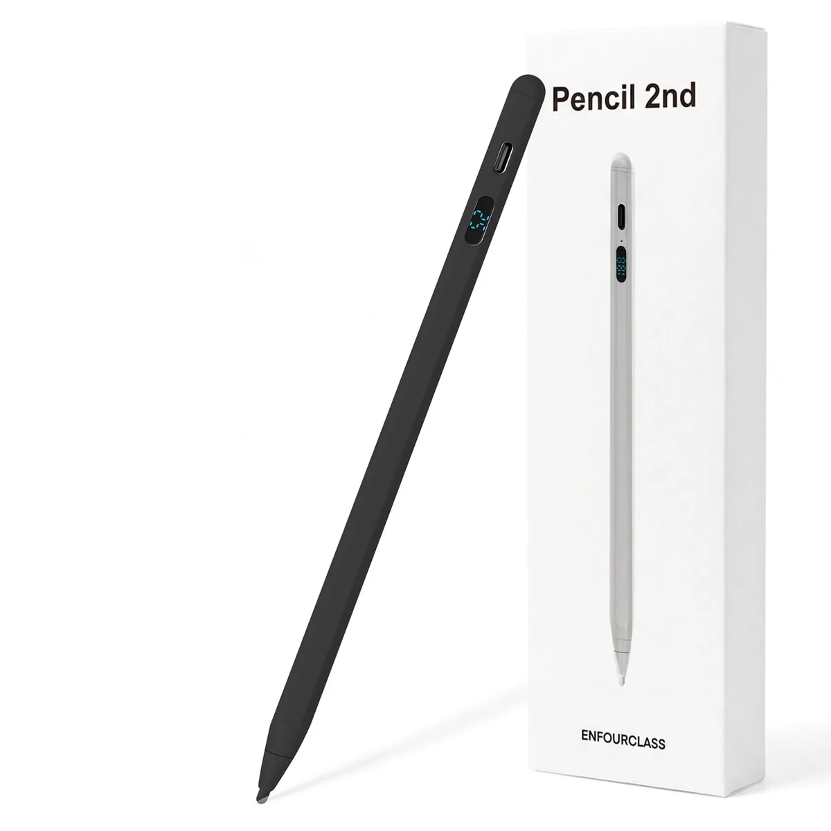 Black 2-in-1 stylus with LED display, USB-C charging, magnetic attachment, 1.5mm tip
