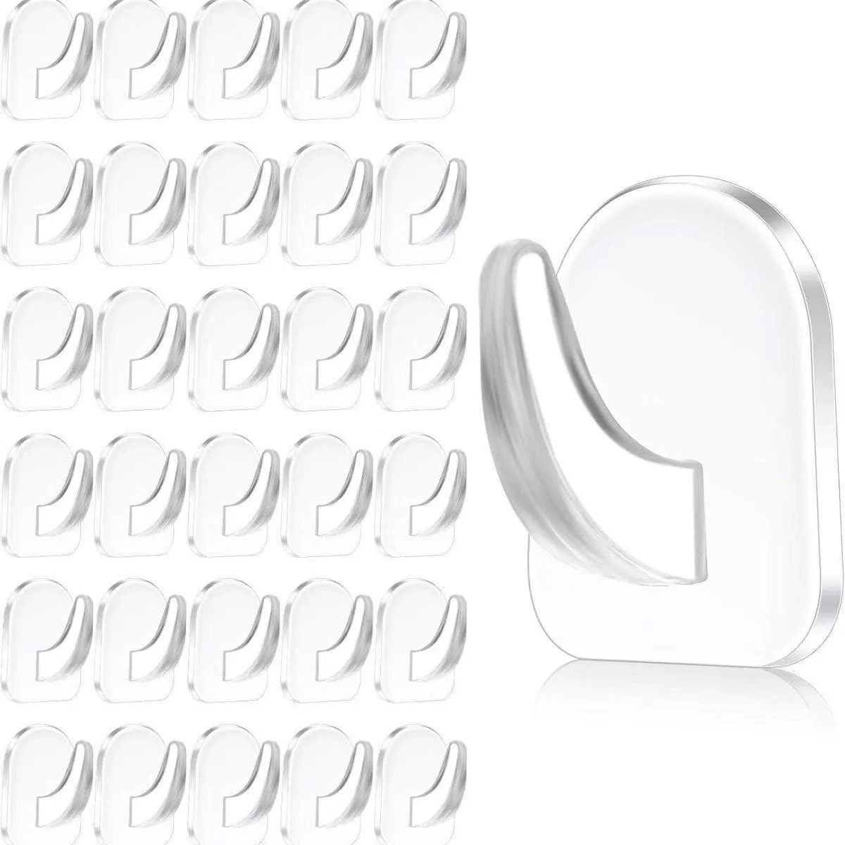 Twenty clear adhesive hooks in a pack