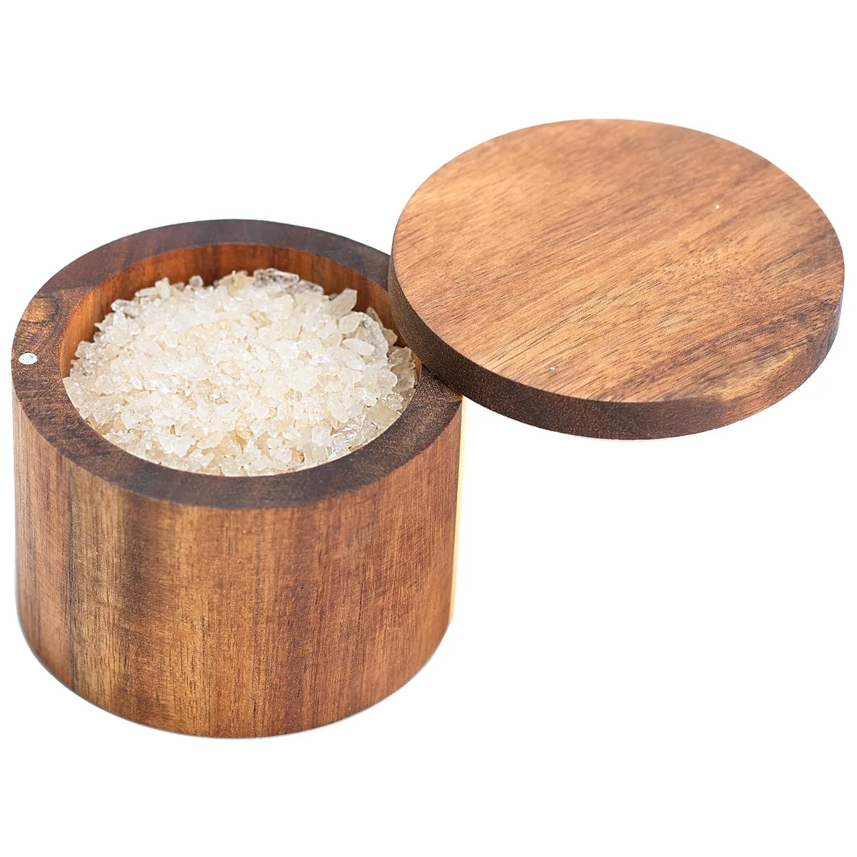  Acacia Salt Cellar Wood Salt Box Swivel Cover Spice Keeper — product photo