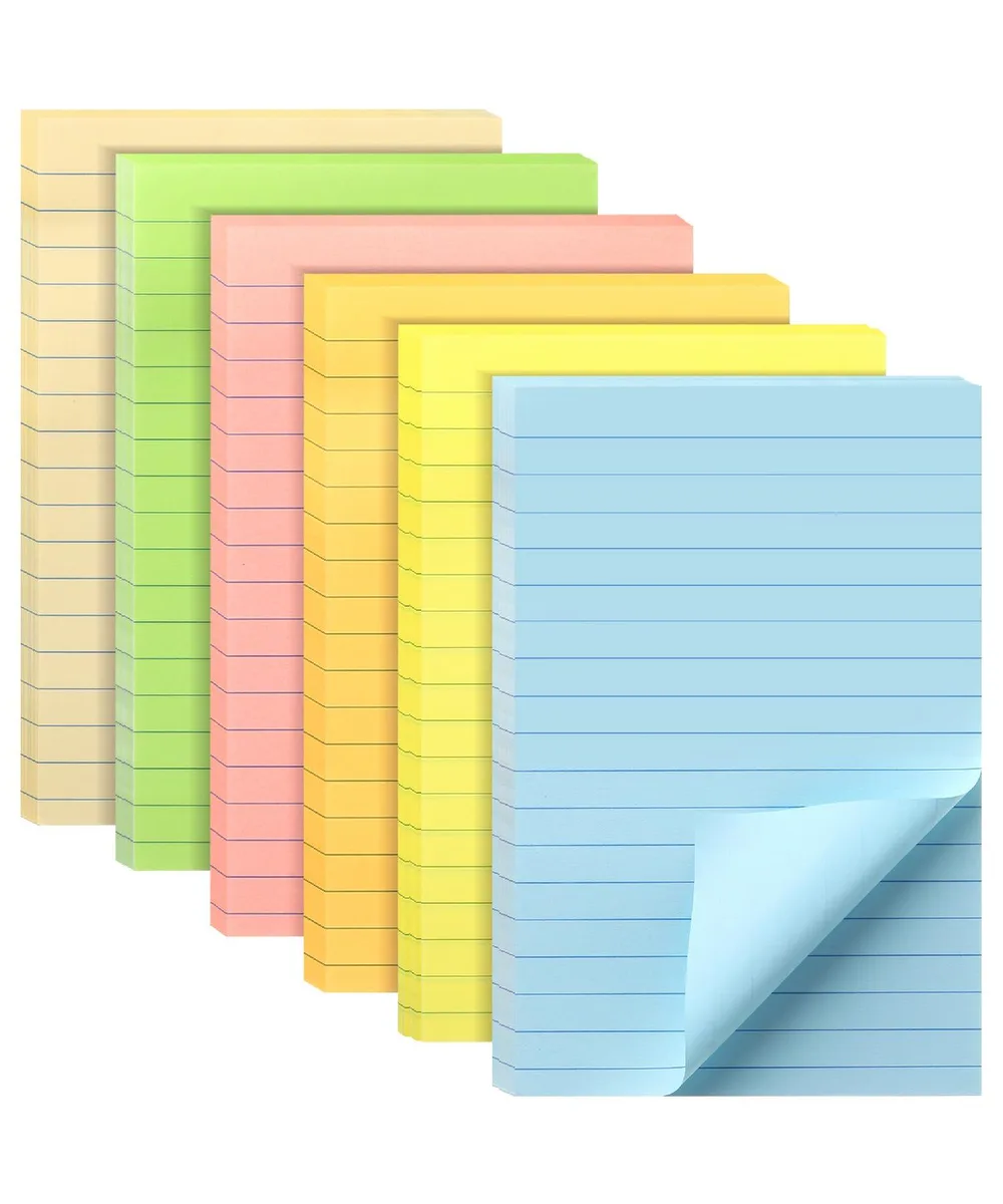 Six pastel-coloured lined sticky note pads in a rectangular pack