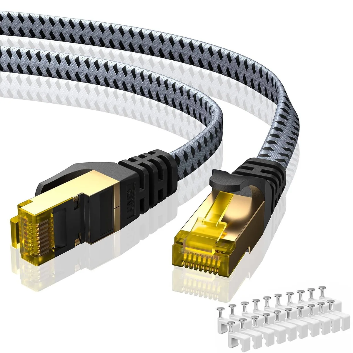 Batianda Batianda 2 in 1 accessory Cat 8 Ethernet cable 175 ft 40 Gbps 2000 MHz flat braided grey — product photo