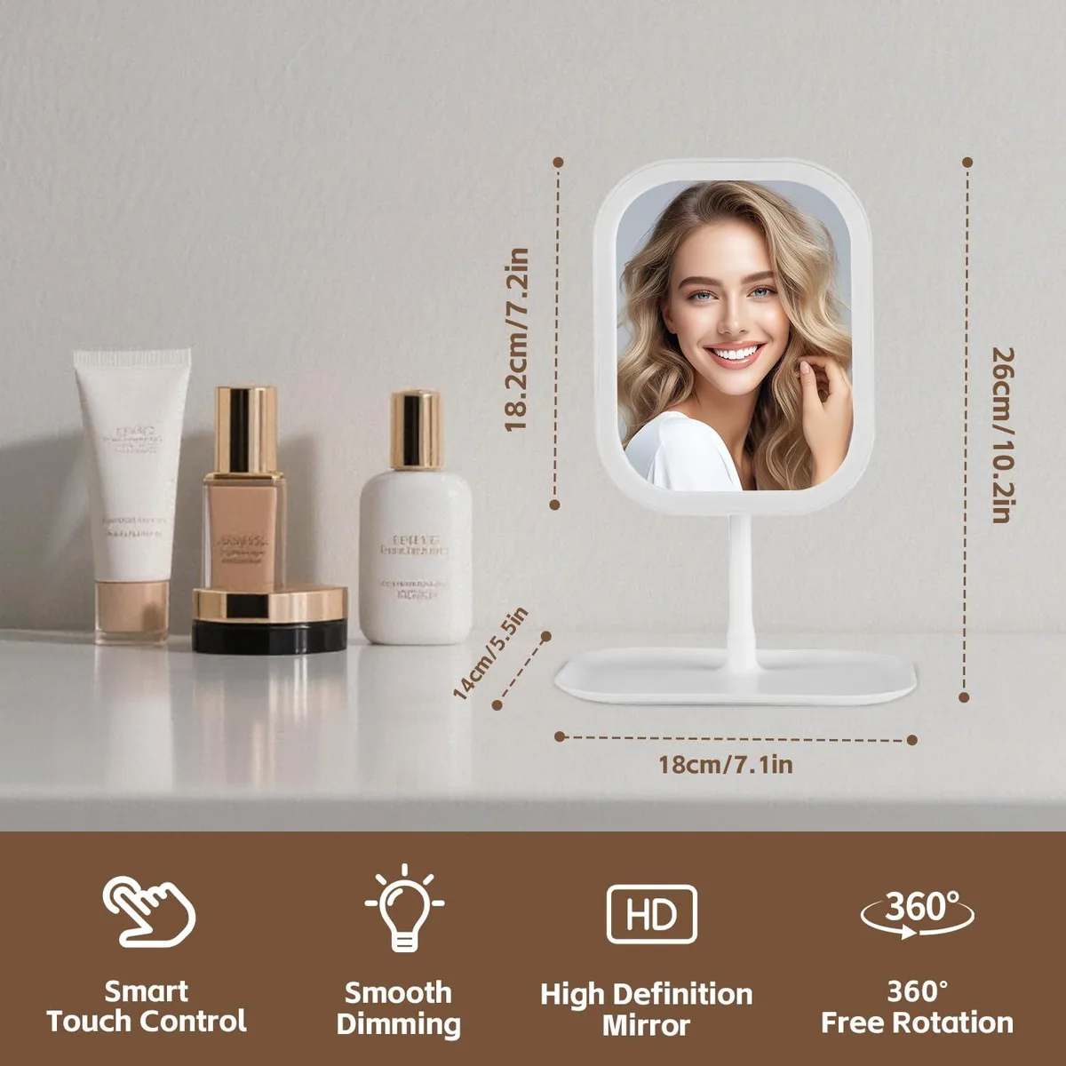 White rectangular tabletop mirror with LED lights, 10.2 by 7.1 inches, 360-degree rotatable, rechargeable 2400mAh battery
