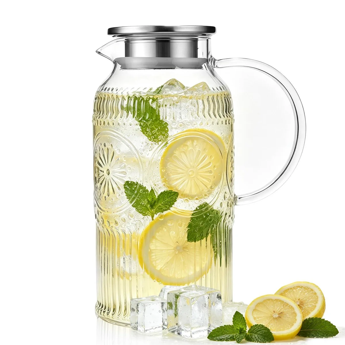 Clear borosilicate glass pitcher with vintage fluted pattern and stainless steel dual-opening lid
