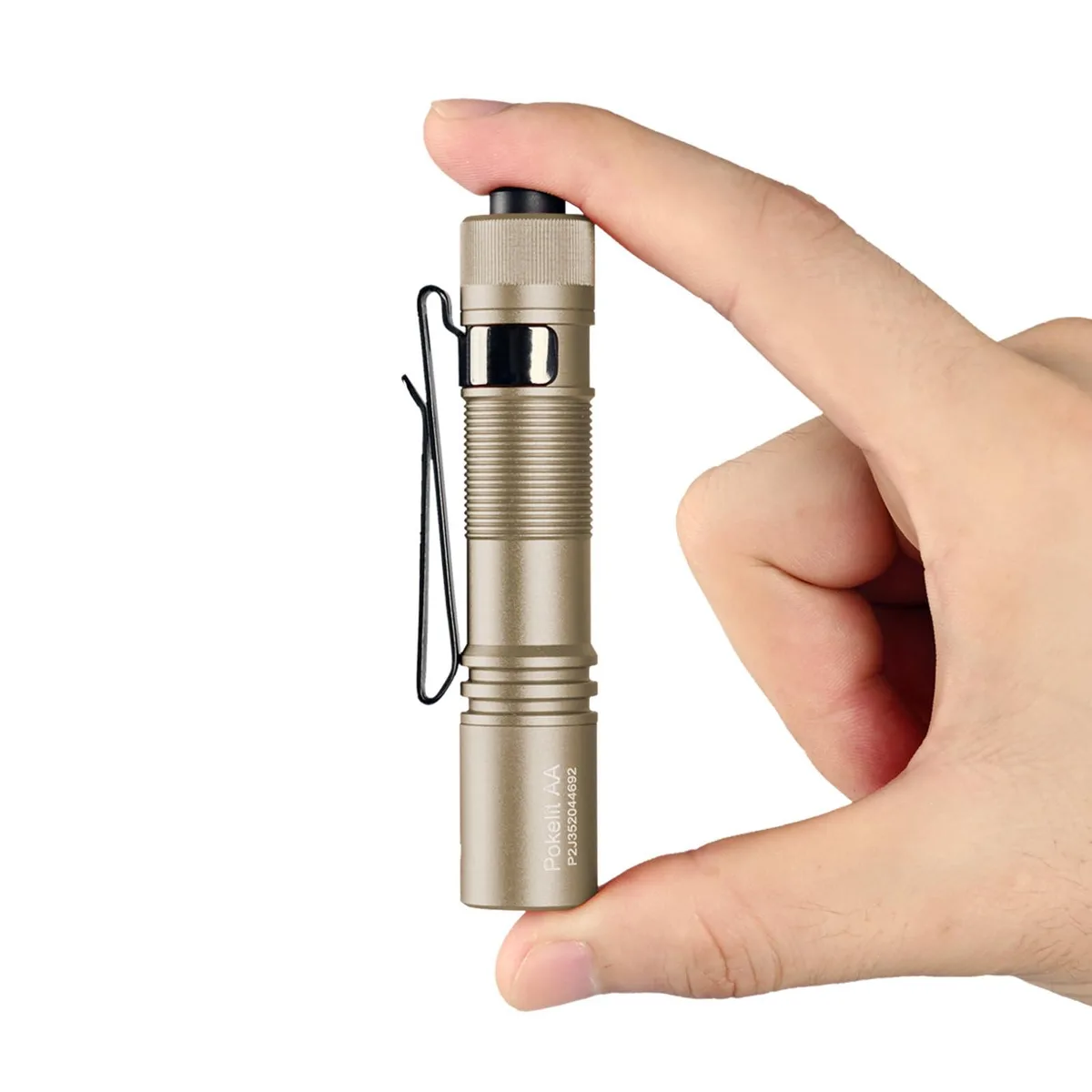 Desert-coloured cylindrical aluminium flashlight, 3.7 inches long, with stainless steel pocket clip
