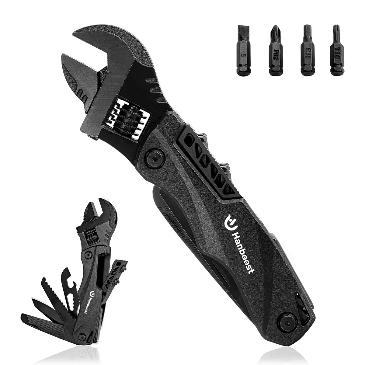 Compact steel multi-tool wrench with integrated screwdriver bits and bottle opener