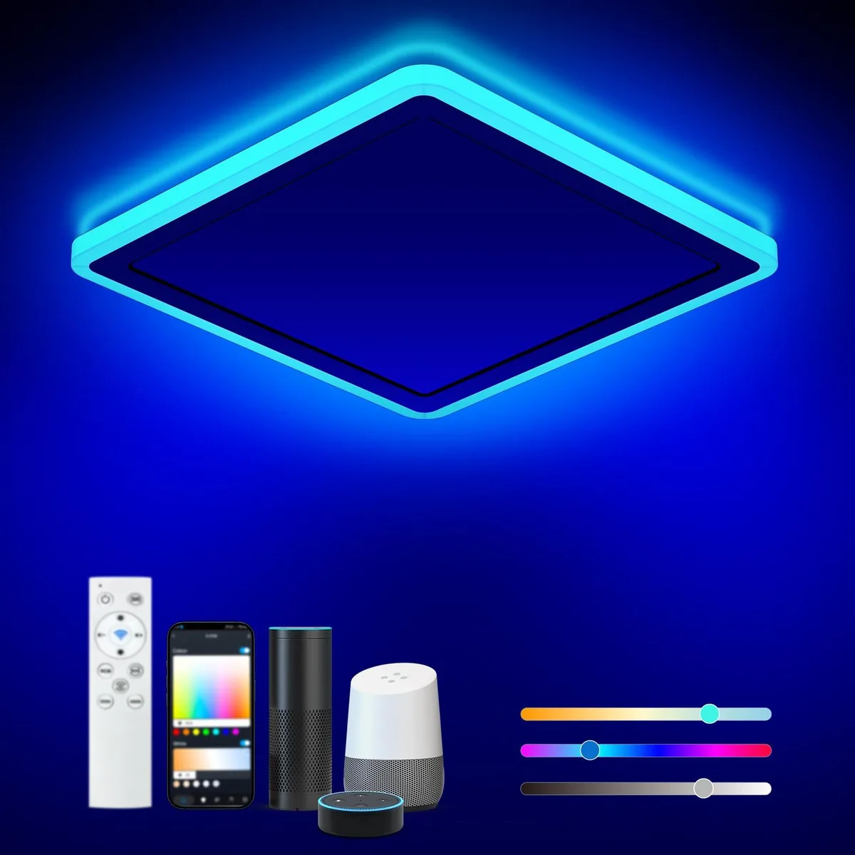 Square white 13in flush-mount LED ceiling light with clear prismatic acrylic diffuser, ultra-thin profile, remote included
