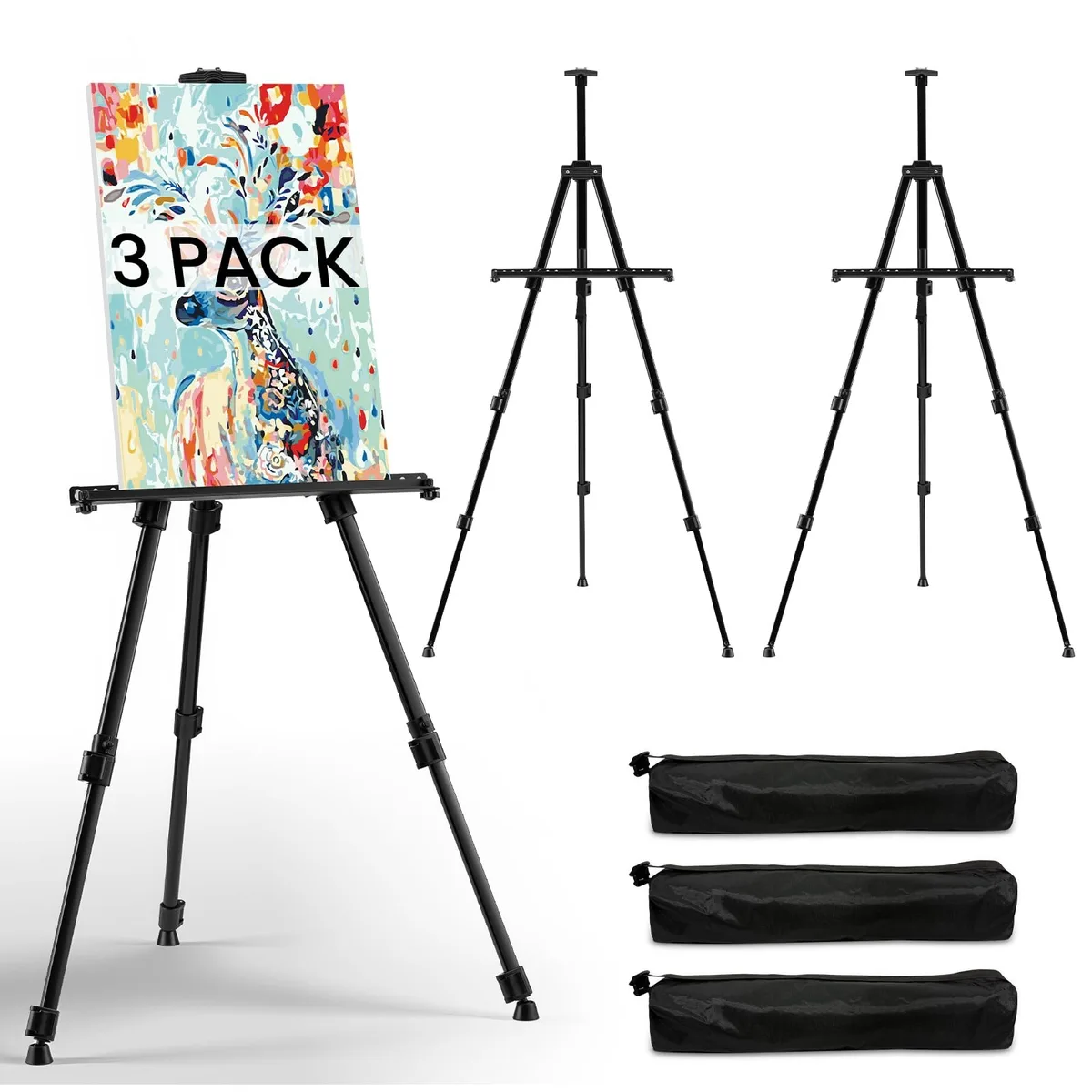 Three black metal folding easels, adjustable to 66 inches