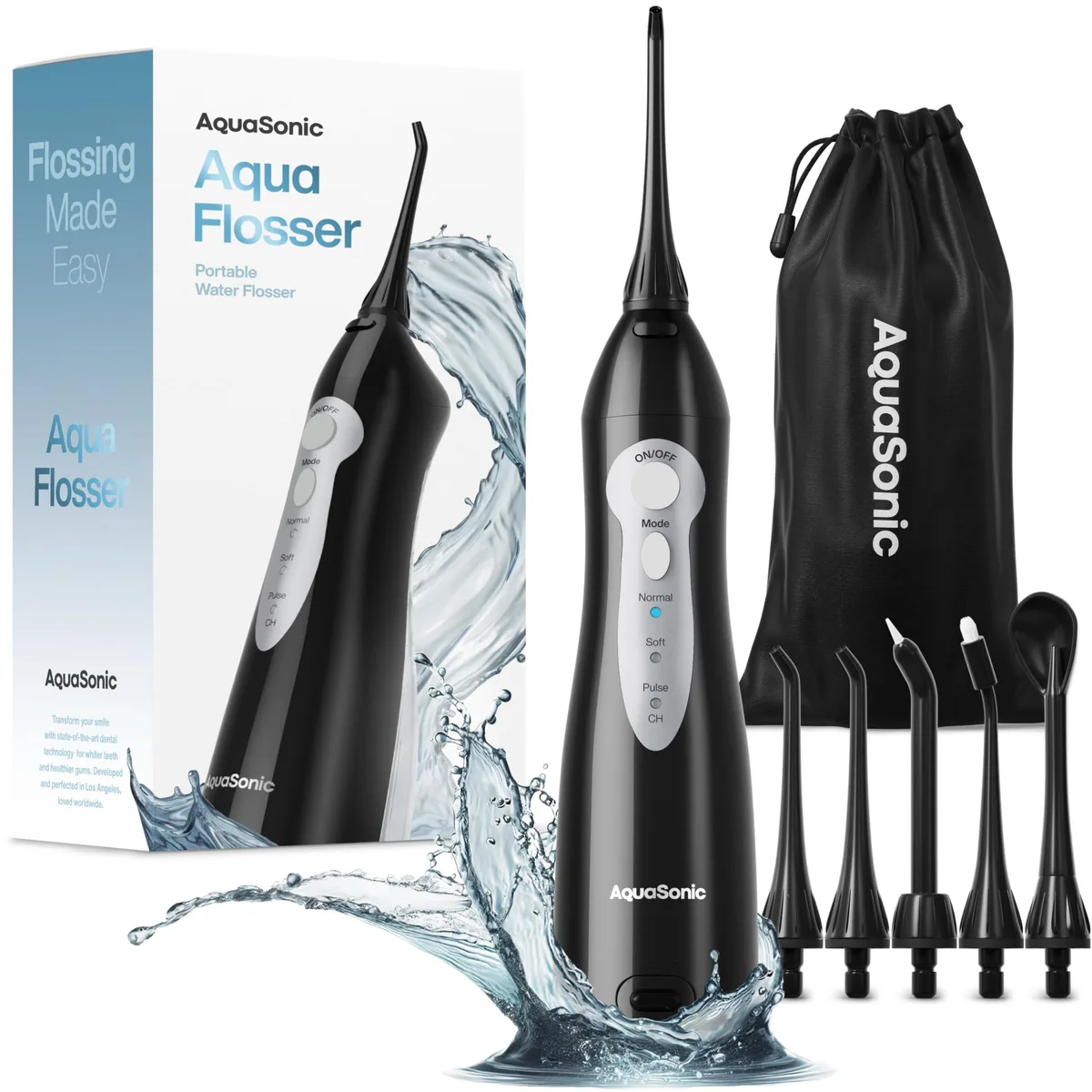 White cordless water flosser with 150ml tank and 360° rotating tip